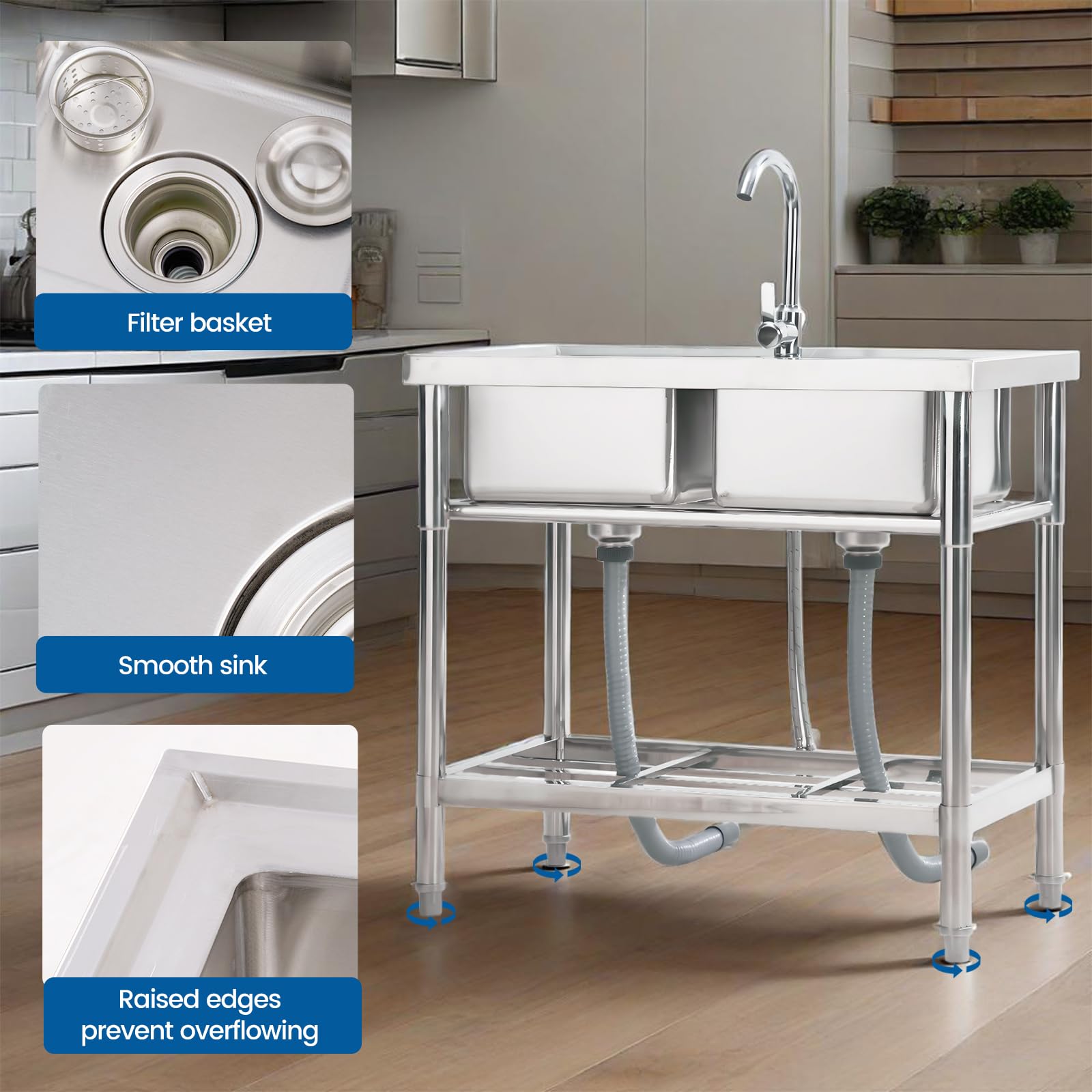 Lavello in acciaio inox Garvee da 33 pollici, doppia vasca – 84x46x76 cm, due lavelli in acciaio inox per un lavoro pratico in cucina e un utilizzo efficiente.