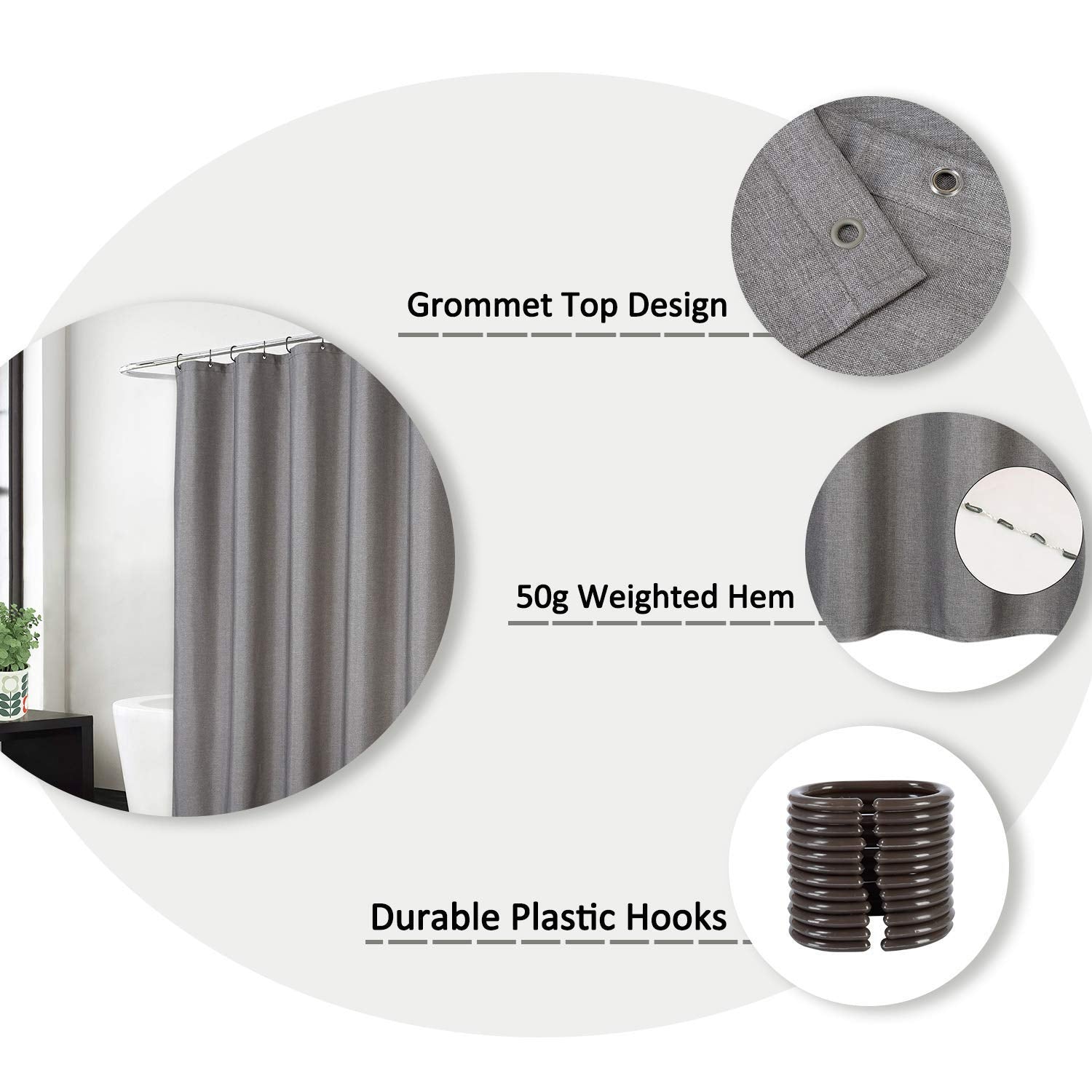 Garvee Tenda da doccia per bagno, impermeabile, in tessuto pesante 240 g/m², con ganci, grigio, 182,9 x 182,9 cm, per hotel di lusso