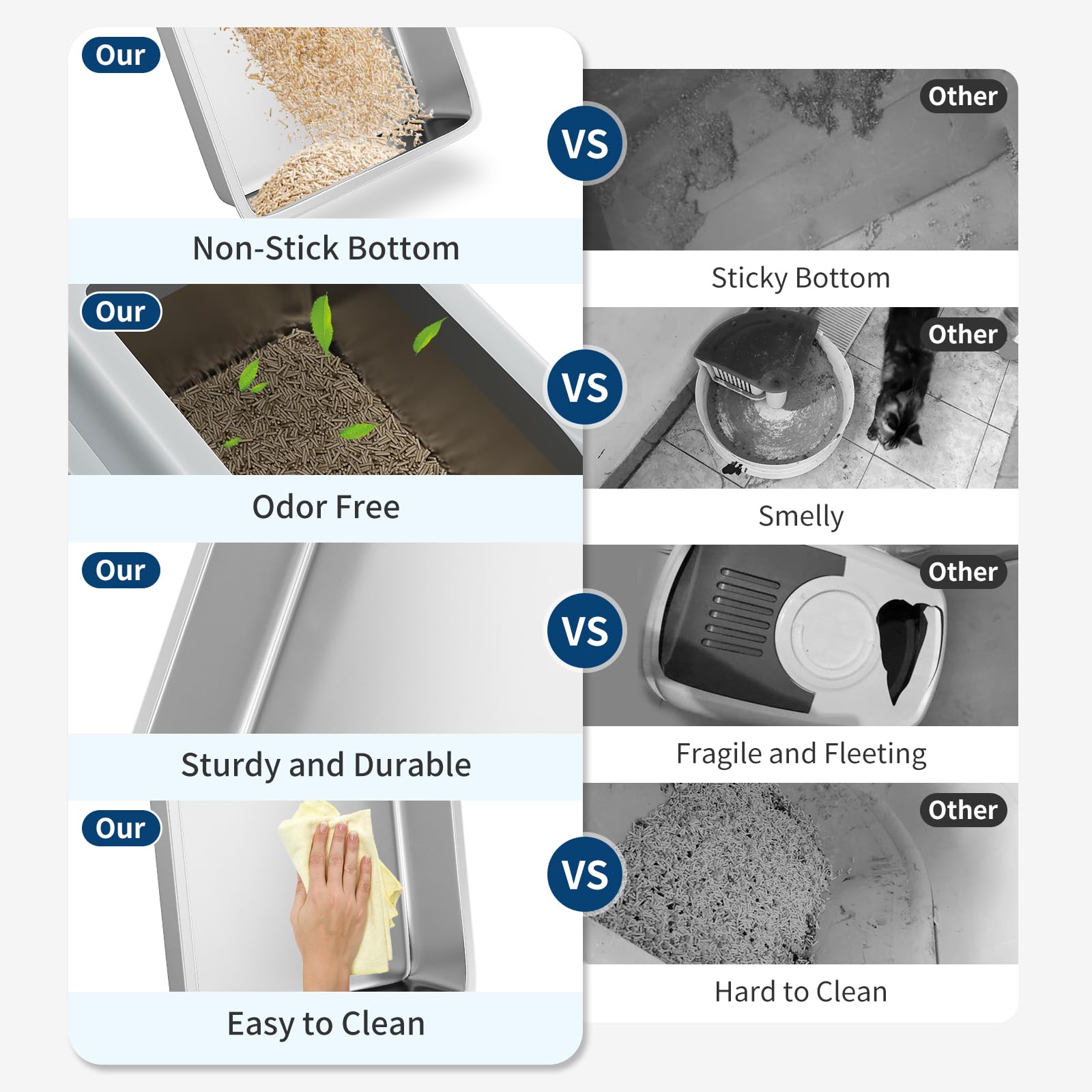 Lettiera per gatti Garvee XXL in acciaio inossidabile con bordo alto e paletta per gatti di grandi dimensioni e famiglie con più gatti, 23,6"x16", argento