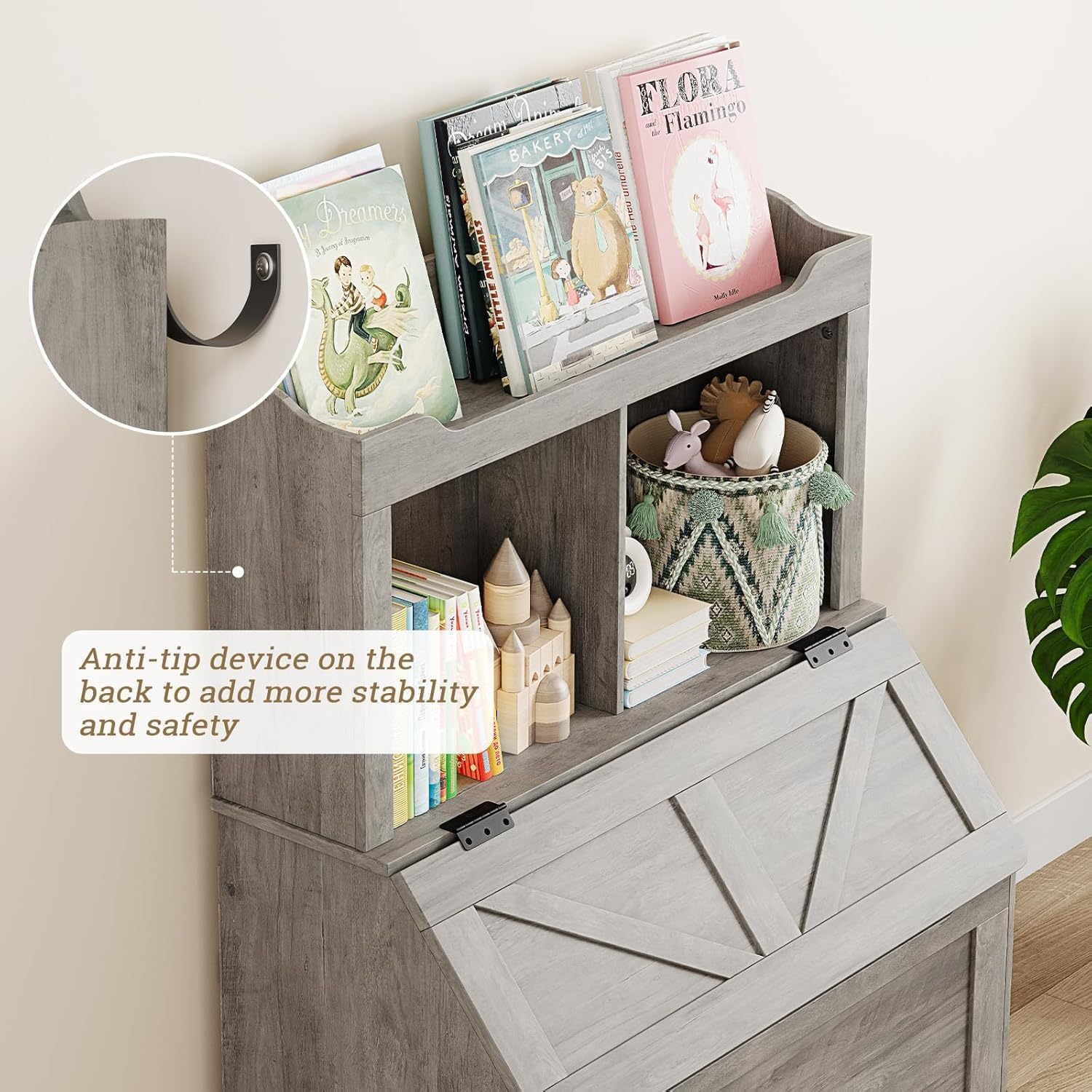 Libreria per bambini Garvee con coperchio incernierato, 2 ripiani, in legno, robusta e antigraffio, protezione antiribaltamento per sale giochi e camerette, grande, legno naturale