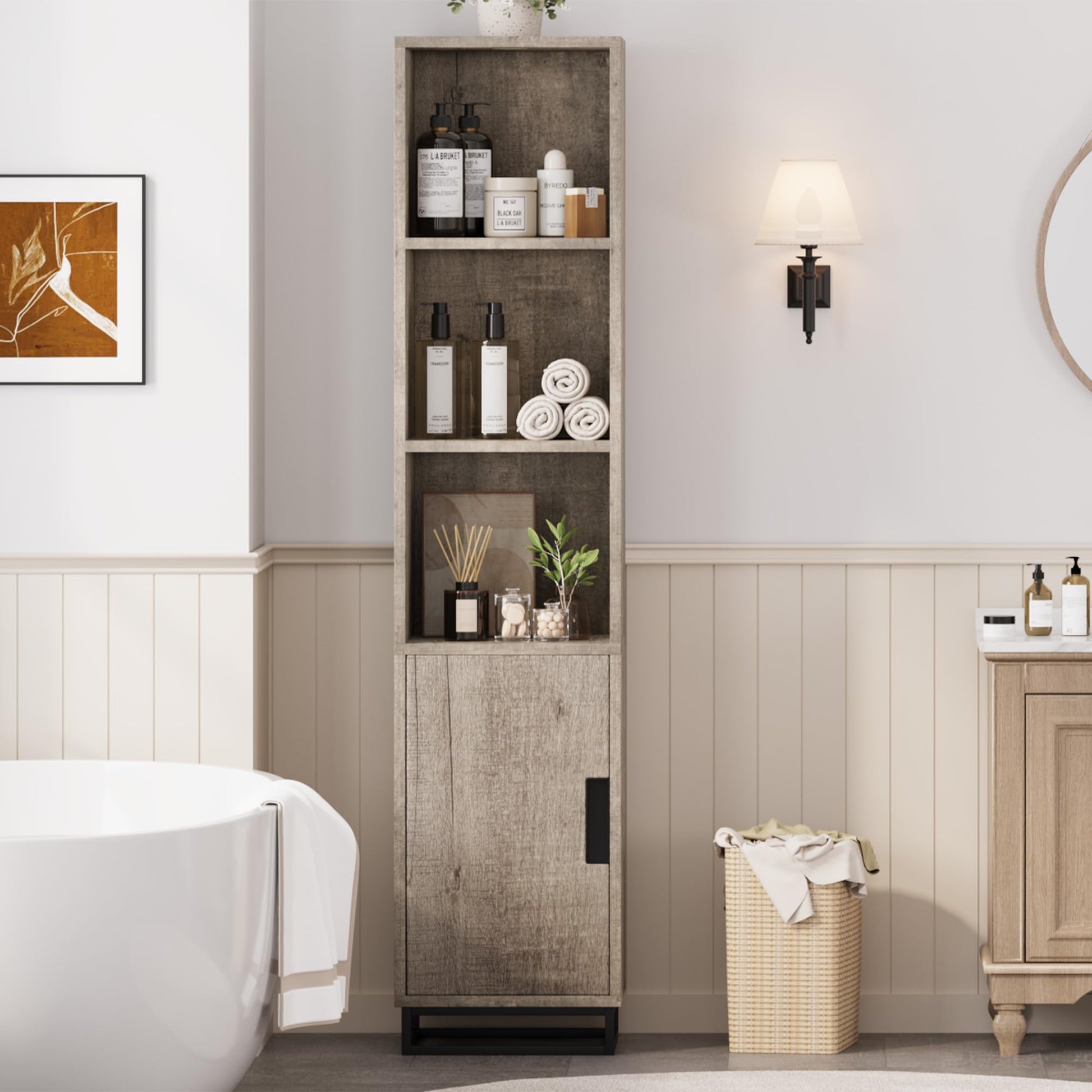 Mobiletto da bagno alto Garvee da 70" stretto con anta, ripiano regolabile, in legno, stile country moderno, nero, per cucina e soggiorno