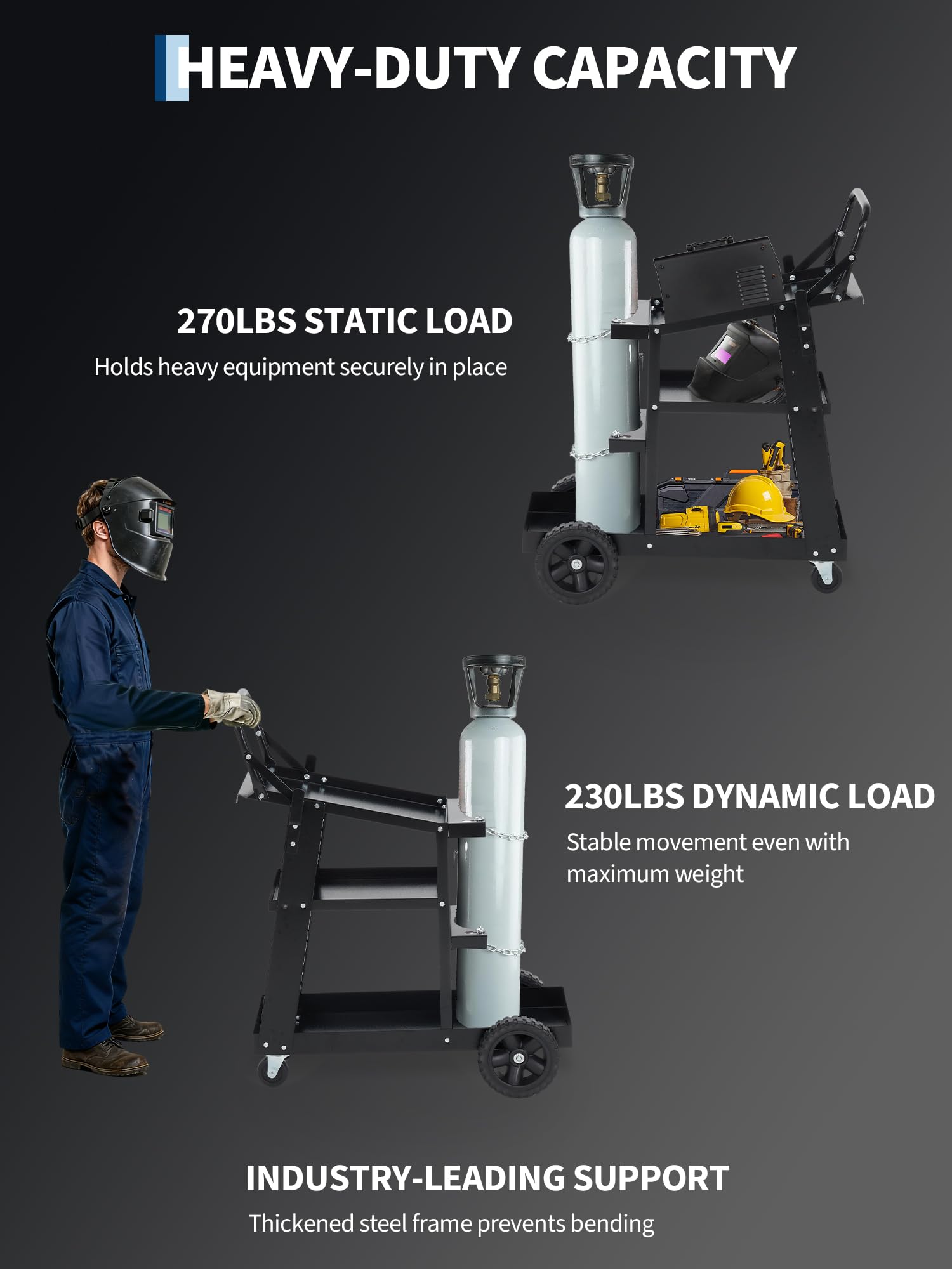 Carrello Saldatura Garvee 3 Ripiani con Ruote 360° e Fibbie Sicurezza, Acciaio Q235 Resistente Nero - Ideale per Festa del Papà in Officina e Cantiere