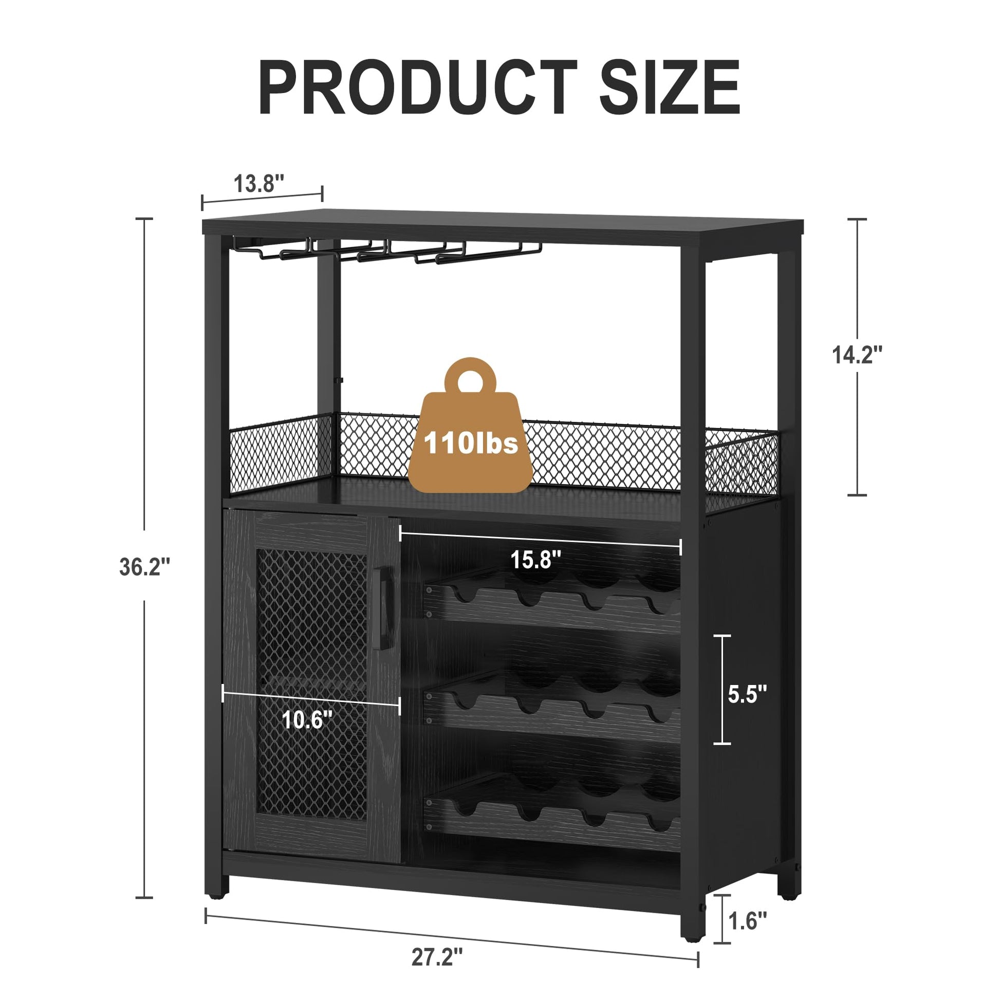 Mobile bar per vino Garvee con luce LED, ripiani regolabili, porta a rete, MDF e metallo, 36 pollici, cucina e sala da pranzo, base stabile, nero