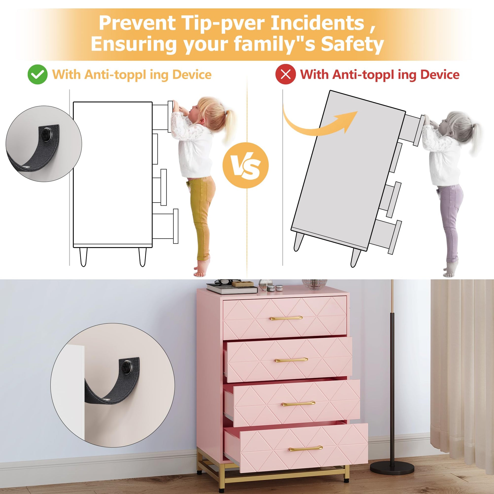 Cassettiera per camera da letto Garvee con 4 cassetti, maniglie in metallo, rosa, legno, viola in metallo robuste, salvaspazio, per soggiorno e ufficio