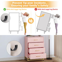 Cassettiera per camera da letto Garvee con 4 cassetti, maniglie in metallo, rosa, legno, viola in metallo robuste, salvaspazio, per soggiorno e ufficio