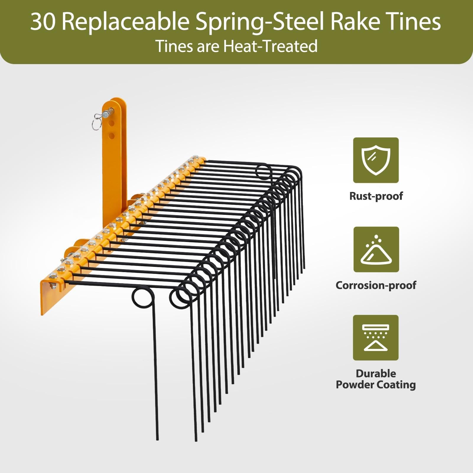 Rastrello da Giardino Garvee 72" 30 Denti Acciaio Elastico Giallo - Perfetto per Festa del Papà, Trattori Cat 0/1, Manutenzione Prato