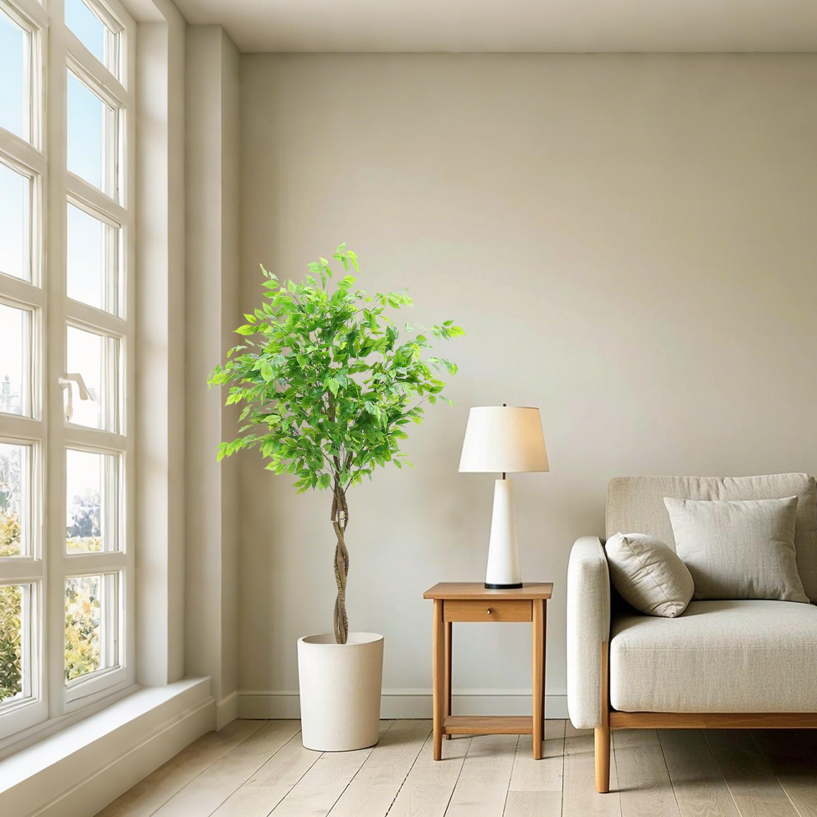 Albero di ficus artificiale Garvee da 5 piedi con foglie di seta e robusto vaso di cemento per casa e ufficio, verde