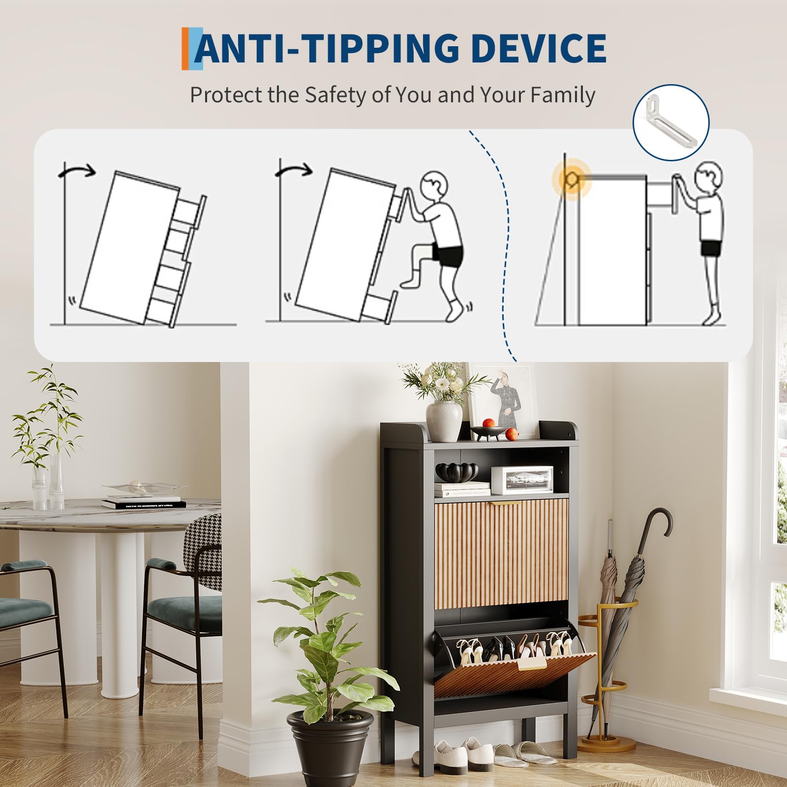 Scarpiera Garvee con 2 cassetti a ribalta, design scanalato, MDF e metallo, per corridoio e soggiorno, grande, bianco