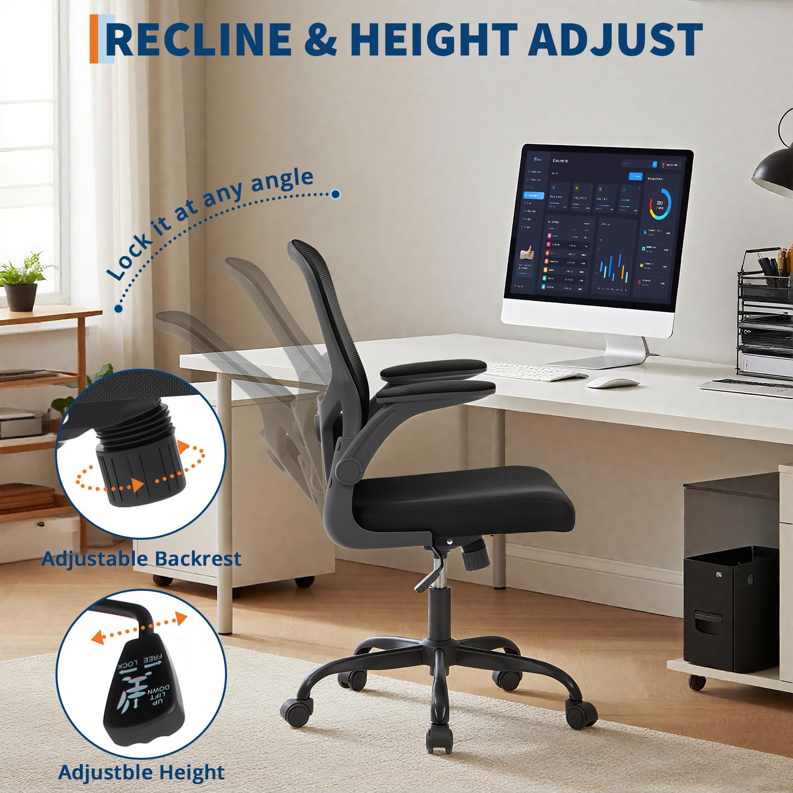 Sedia da ufficio ergonomica Garvee in rete con braccioli 2D e supporto lombare per ufficio e home office, girevole a 360°, stabile fino a 159 kg, nera