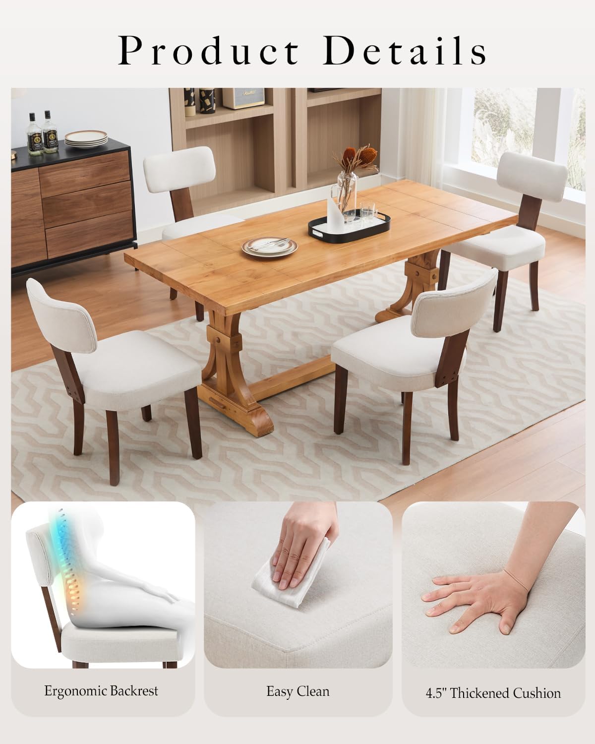 Sedie da pranzo Garvee, set da 2, rivestimento in tessuto, schienale ergonomico curvo, struttura in legno, antigraffio, beige, mobili per cucina e sala da pranzo
