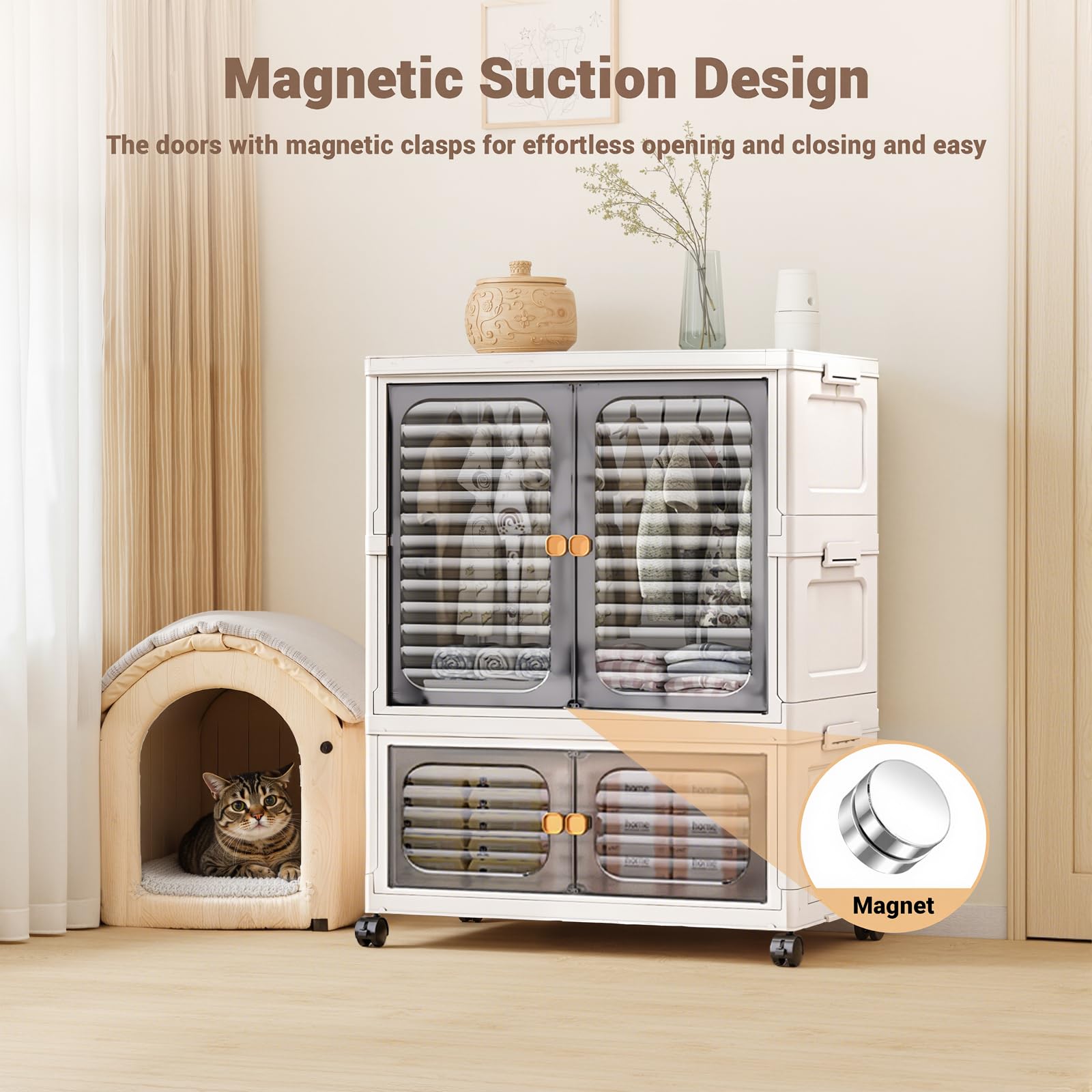 Armadio per animali domestici Garvee con contenitori impilabili, ruote, ante, pieghevole per soggiorno e camera da letto, robusto, versatile