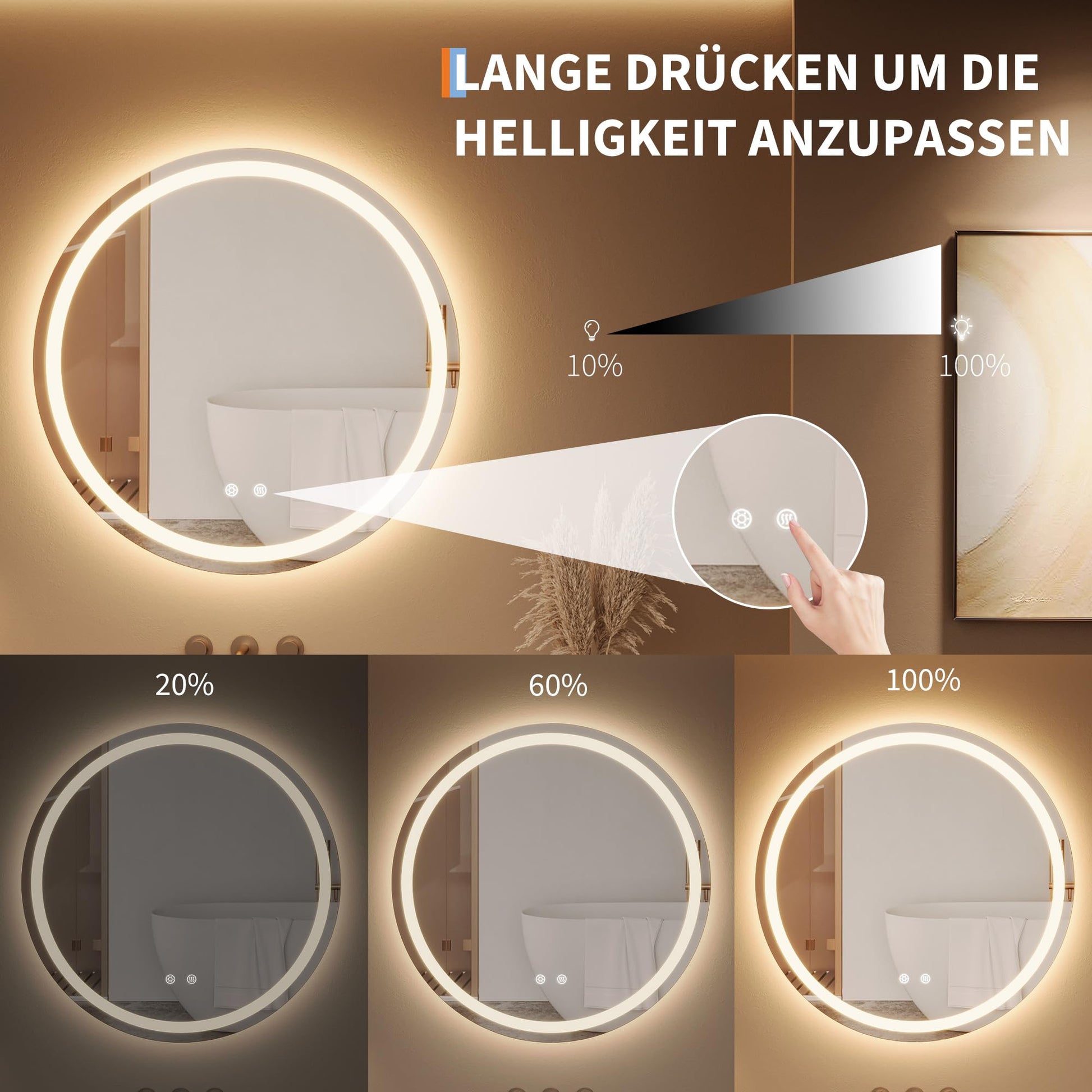 Specchio per il trucco illuminato Garvee, specchio da bagno rotondo da 50 cm con luce, specchio a LED con interruttore touch e vetro antideflagrante, specchio da bagno dimmerabile e antiappannamento con illuminazione
