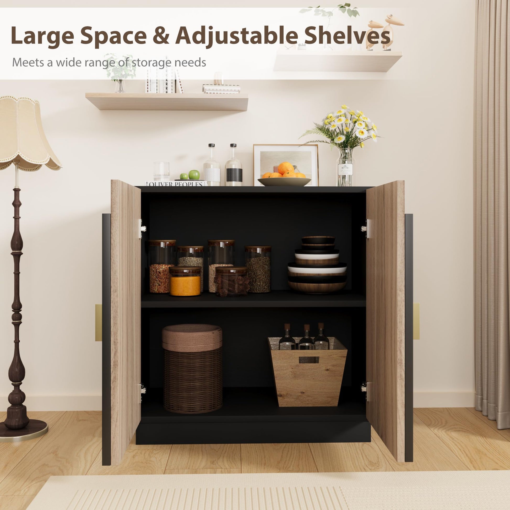 Mobile buffet Garvee Mid-Century Modern con design scanalato, ante ad arco, ripiani regolabili, nero-marrone per sala da pranzo e soggiorno, modulare, PB+MDF