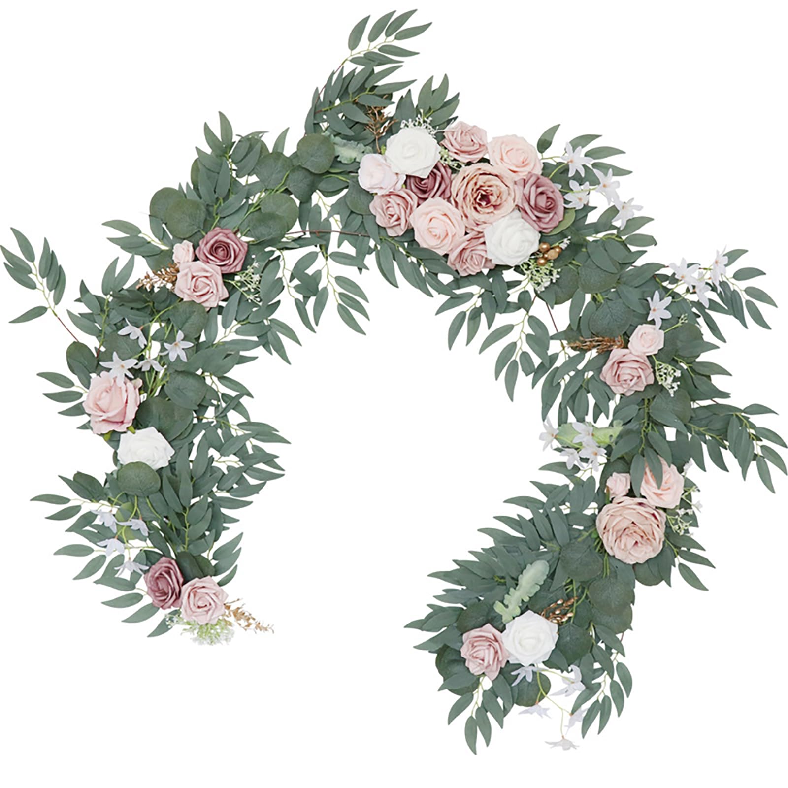 Garvee Ghirlanda Artificiale di Eucalipto con Rose Vintage, 180CM, Fiori Realistici, Mano Intrecciata, Foglie Naturali, Decorazione per Matrimoni e Tavoli