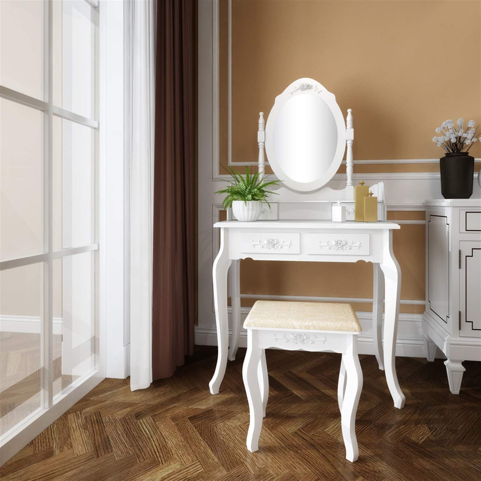 Tavolo da toeletta Garvee con sgabello, specchio girevole a 360°, 4 cassetti, 142,5 cm, bianco, tavolo da trucco per camera da letto
