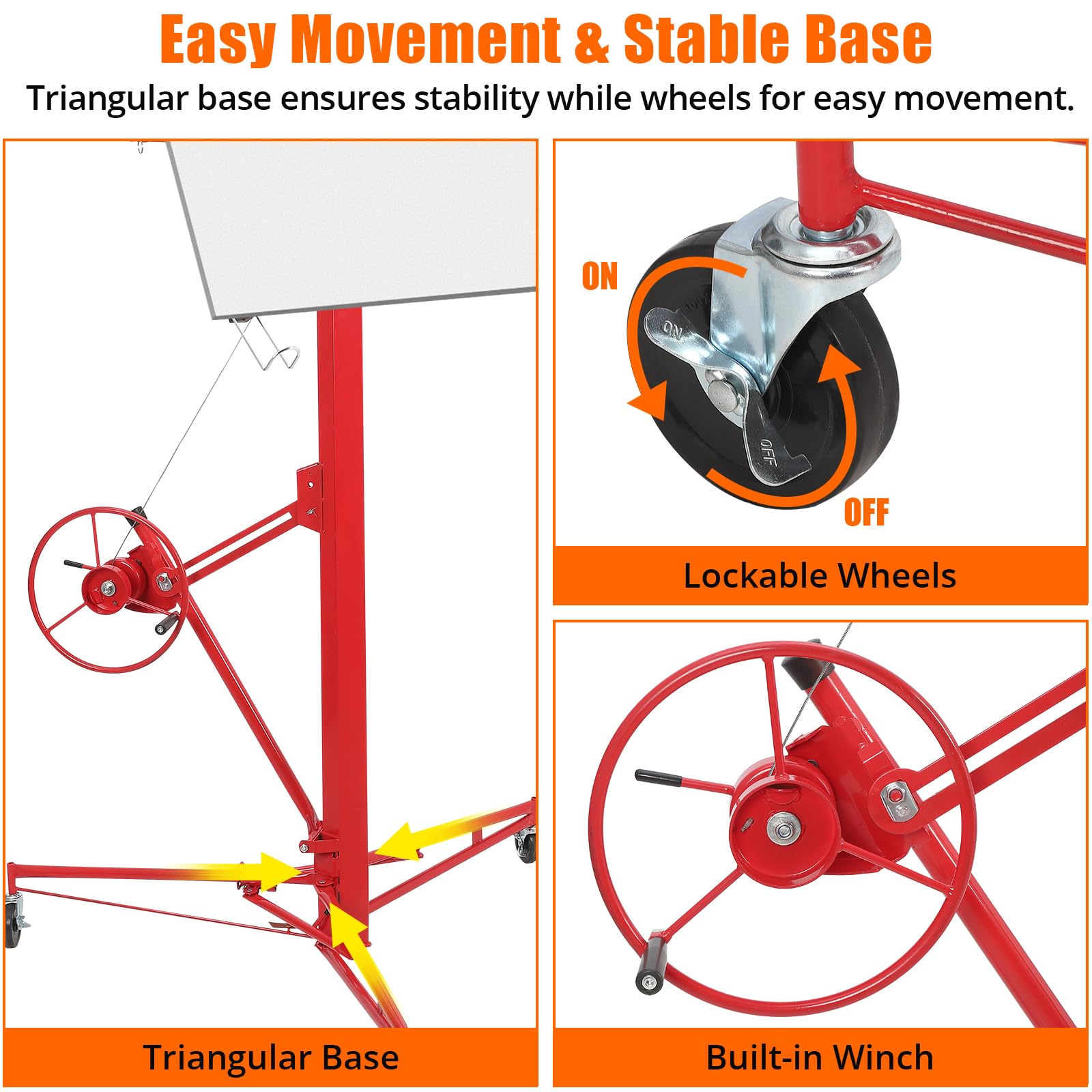Sollevatore per cartongesso Garvee da 11 piedi con capacità di 150 libbre, braccio telescopico a 360°, acciaio al carbonio, 3 ruote bloccabili, fai da te