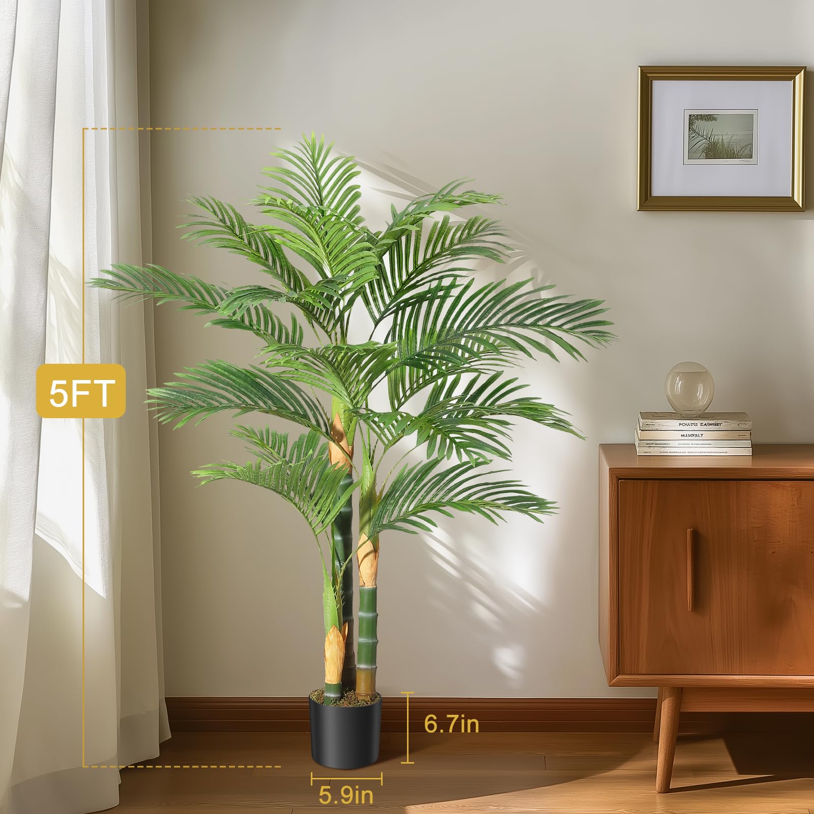 Palma artificiale Garvee Golden Cane da 1,5 m, resistente ai raggi UV, materiale PE, foglie regolabili, base stabile, per uso interno ed esterno, verde e oro