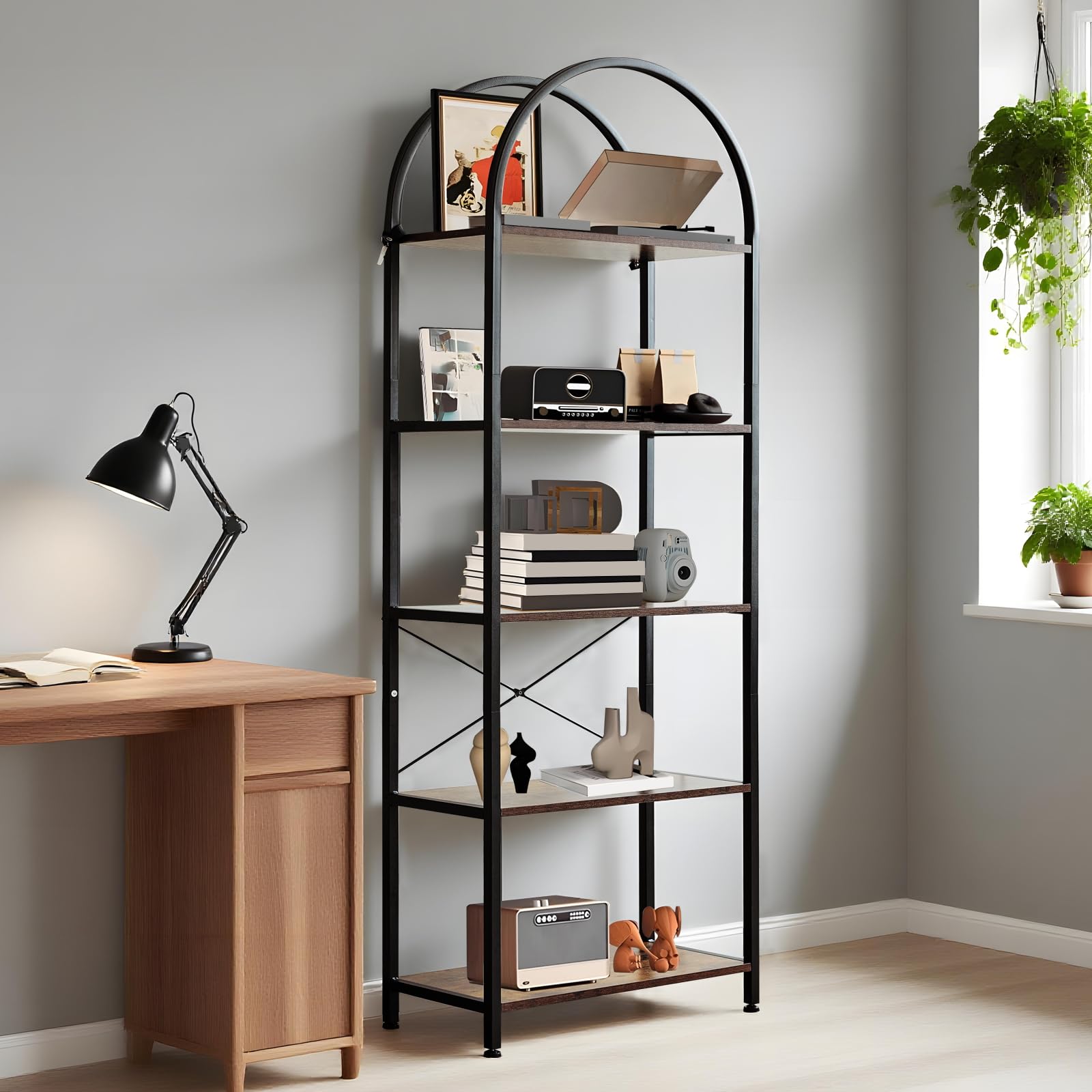 Libreria Garvee a 5 ripiani con arco, metallo robusto, grandi ripiani in legno per soggiorno e ufficio, 70,87" x 23,62" x 11,02", nero moderno