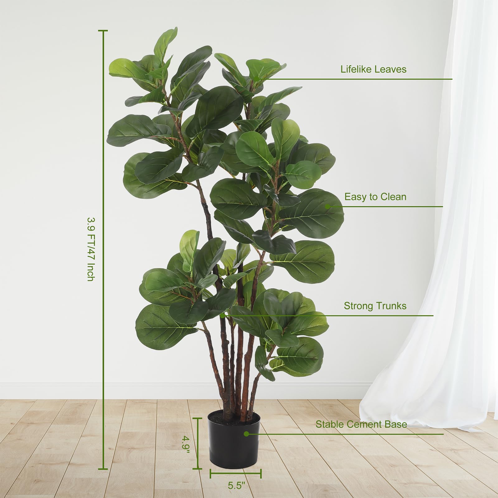 Albero di fico artificiale Garvee a foglia di violino, 4,9 piedi, con 102 foglie, per decorazioni per la casa e l'ufficio, verde, resistente alle intemperie