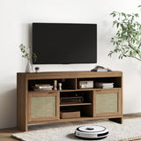 Garvee Boho Mobile TV Rattan 58" Con Ripiani Regolabili, Armadietti In Legno, Design Moderno, Stabile, Facile Da Montare, Per Soggiorno E Camera, Naturale