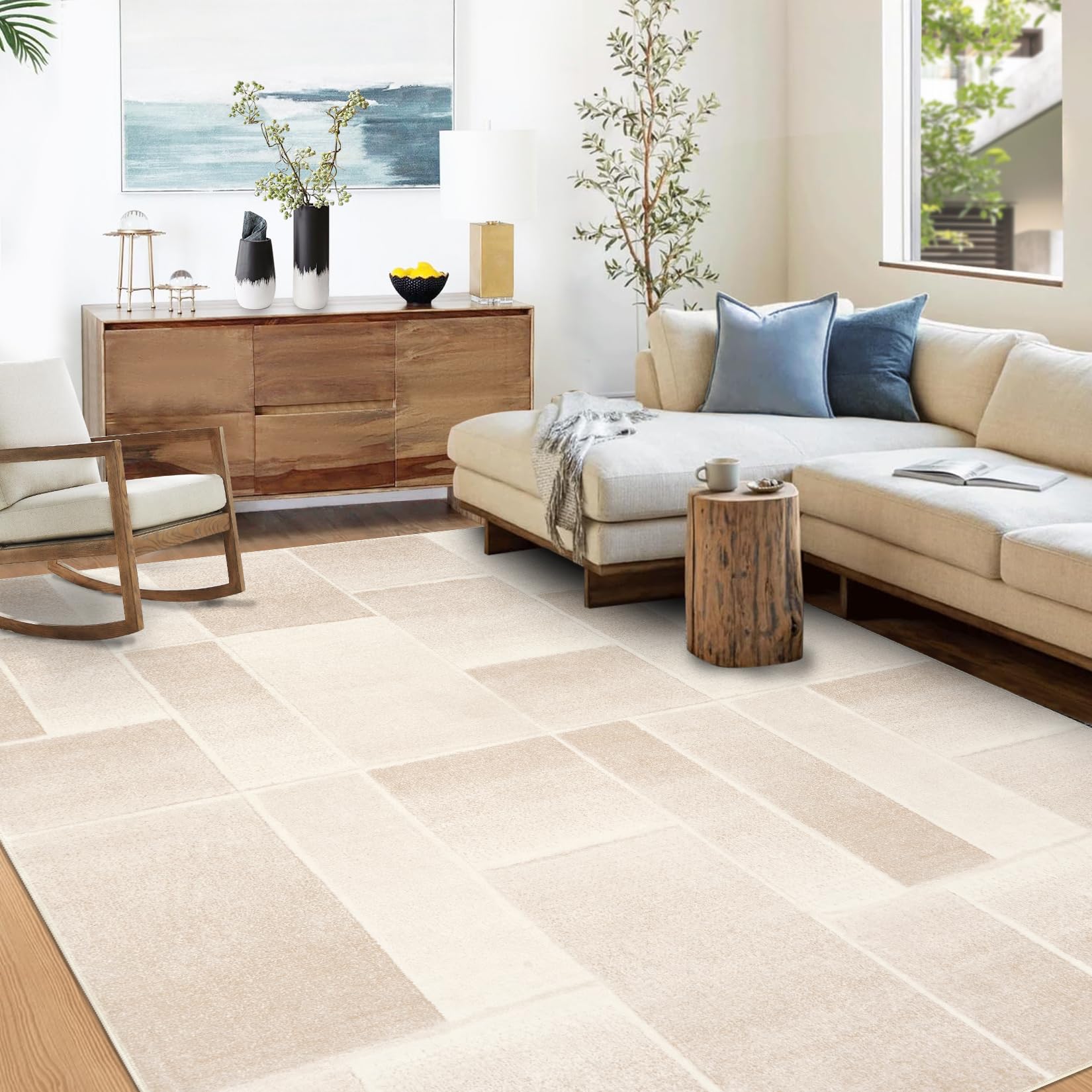 Tappeto moderno a pelo corto Garvee con taglio sagomato e motivo geometrico per soggiorno e camera da letto, 200x290 cm, beige