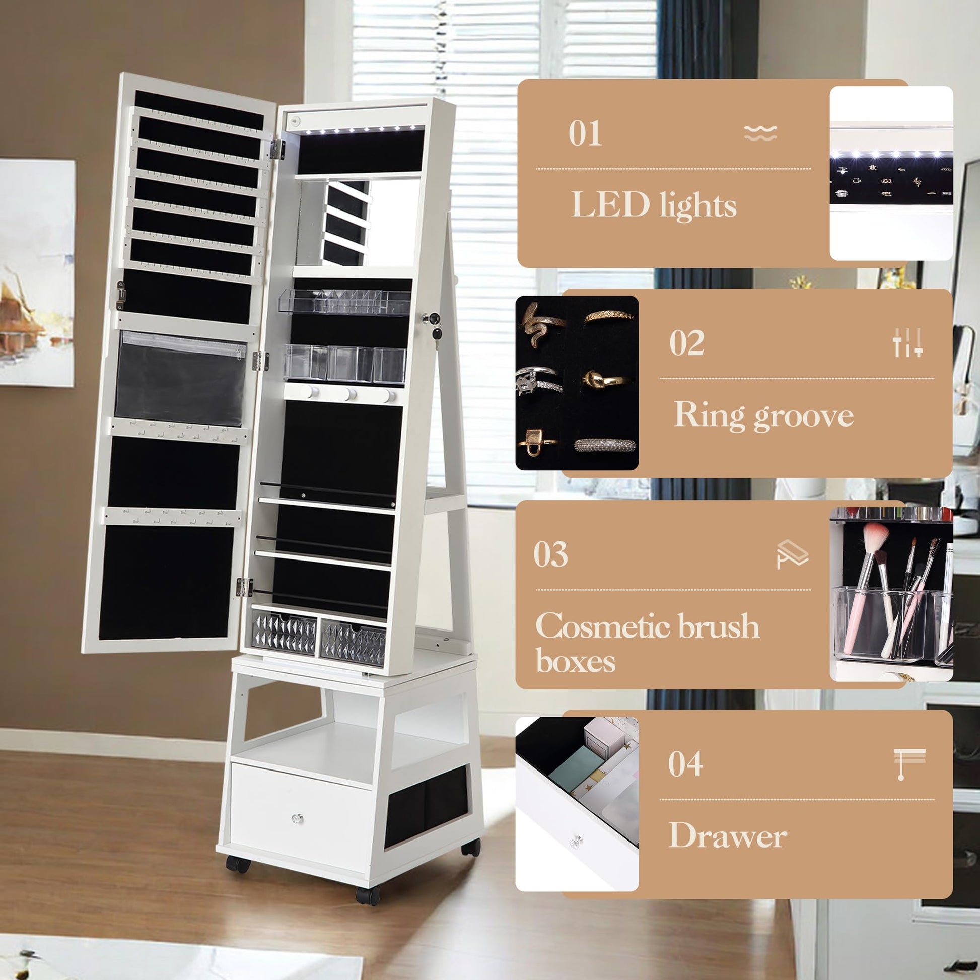 Mobiletto portagioie girevole a 360° Garvee con specchio a figura intera, illuminazione a LED, rivestimento in velluto, bianco, camera da letto, con serratura