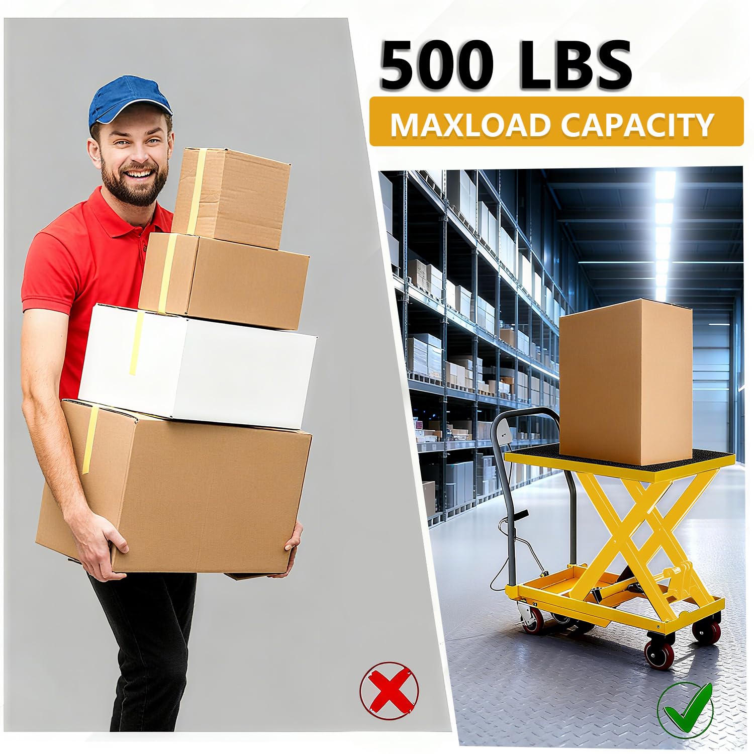 Tavolo elevatore Garvee da 28,4 pollici – Regolazione manuale dell'altezza, capacità di carico di 500 libbre, dimensioni 28" x 18", nero e giallo per officine e magazzini.