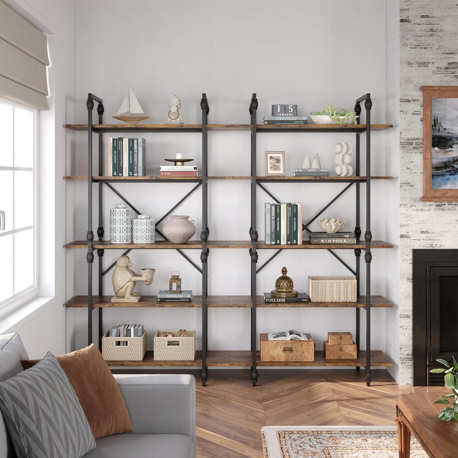 GARVEE Libreria Romana con 5 ripiani aperti, Libreria in legno - Libreria stretta con colonna romana, Scaffale per soggiorno dal design industriale, Libreria indipendente per soggiorno, camera da letto, ufficio