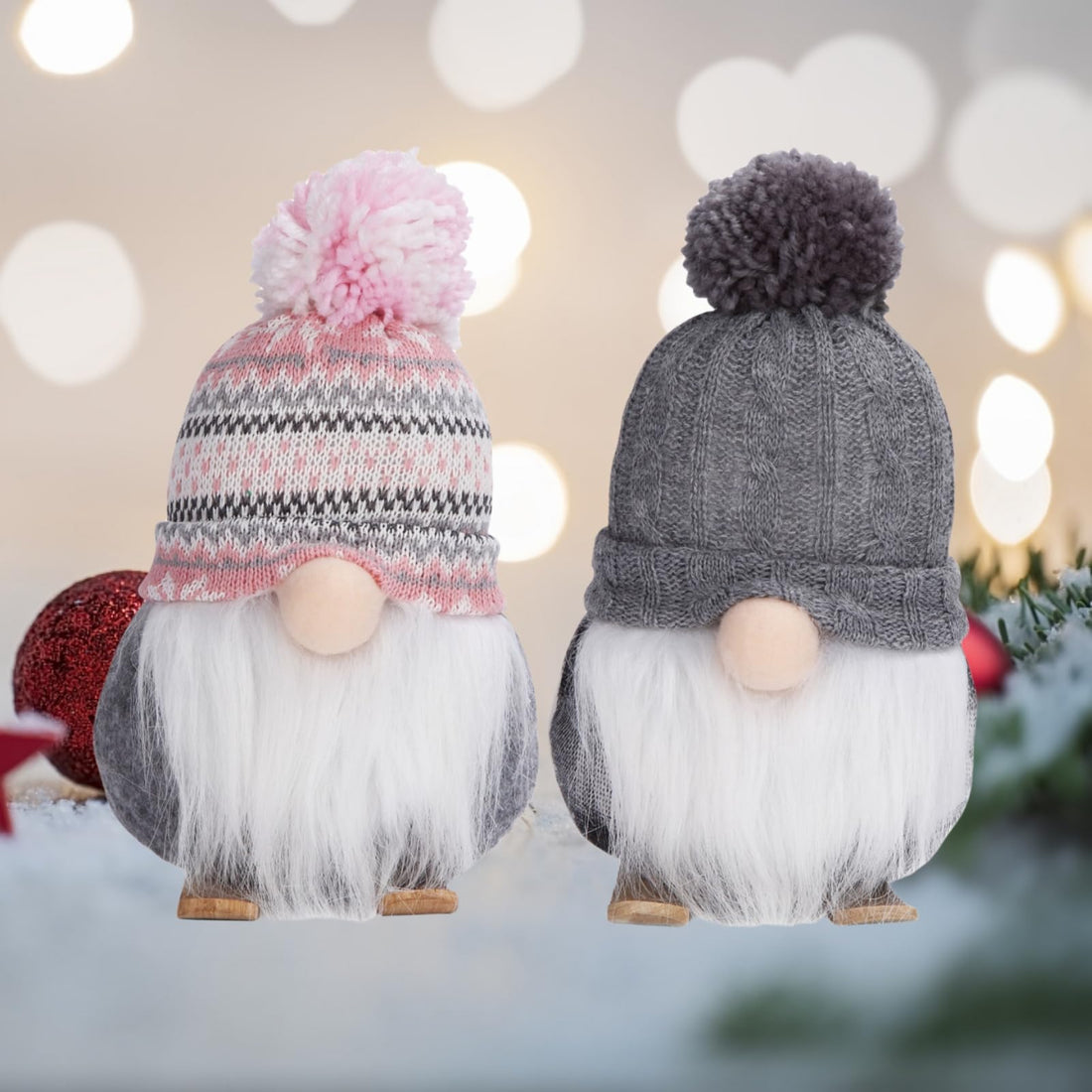 Garvee Set di 2 gnomi natalizi con naso a LED e sci in legno, fatti a mano, 8 pollici, grigio e nero, decorazione da tavolo e mensola