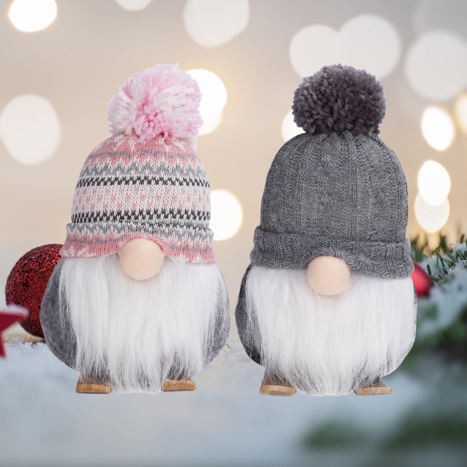Garvee Set di 2 gnomi natalizi con naso a LED e sci in legno, fatti a mano, 8 pollici, grigio e nero, decorazione da tavolo e mensola