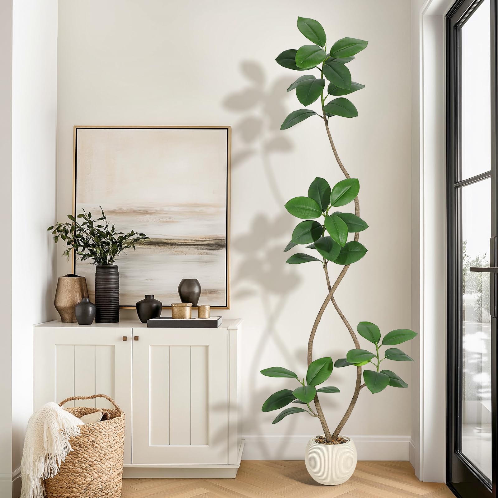 Albero di gomma artificiale Garvee da 7 piedi con vaso in resina bianca, resistente ai raggi UV, durevole, realistico, decorazione per interni, grande pianta da pavimento
