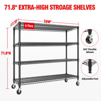 Scaffalatura per carichi pesanti Garvee da 71" di altezza con capacità di 2640 libbre, 4 ripiani, acciaio, ruote e piedini per garage e magazzino, 59" di larghezza x 17,7" di profondità, grigio