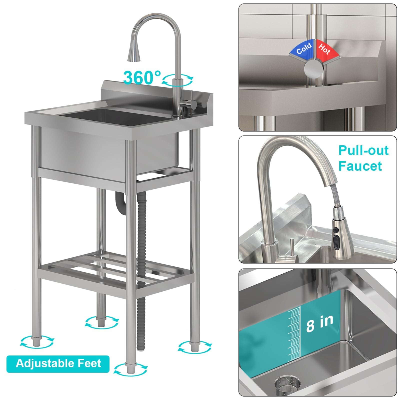 Lavello di servicio in acciaio inossidabile Garvee di grandi dimensioni 60x51x107 cm, lavello industriale da cucina e garage con fuoco e tropo pieno per uso commerciale e privato