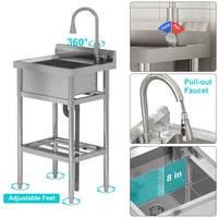 Lavello di servicio in acciaio inossidabile Garvee di grandi dimensioni 60x51x107 cm, lavello industriale da cucina e garage con fuoco e tropo pieno per uso commerciale e privato