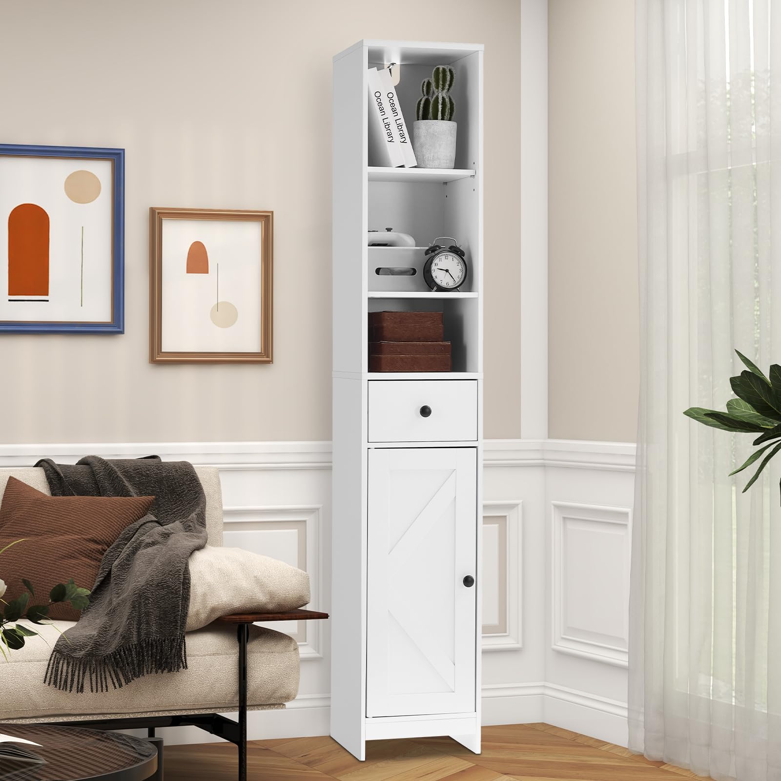 Mobiletto da bagno alto Garvee da 170 cm con ante scorrevoli, 3 ripiani, legno, nero, versatile per bagno e corridoio, sottile
