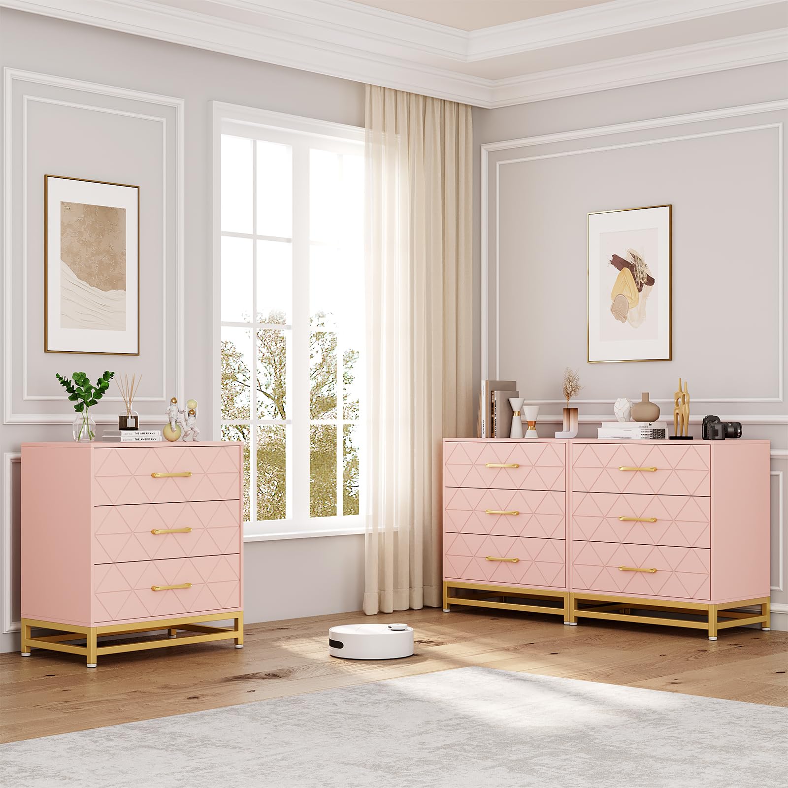 Cassettiera in legno Garvee con 3 cassetti, spazio di archiviazione, MDF rosa, antipolvere, soggiorno, camera da letto, corridoio, compatta