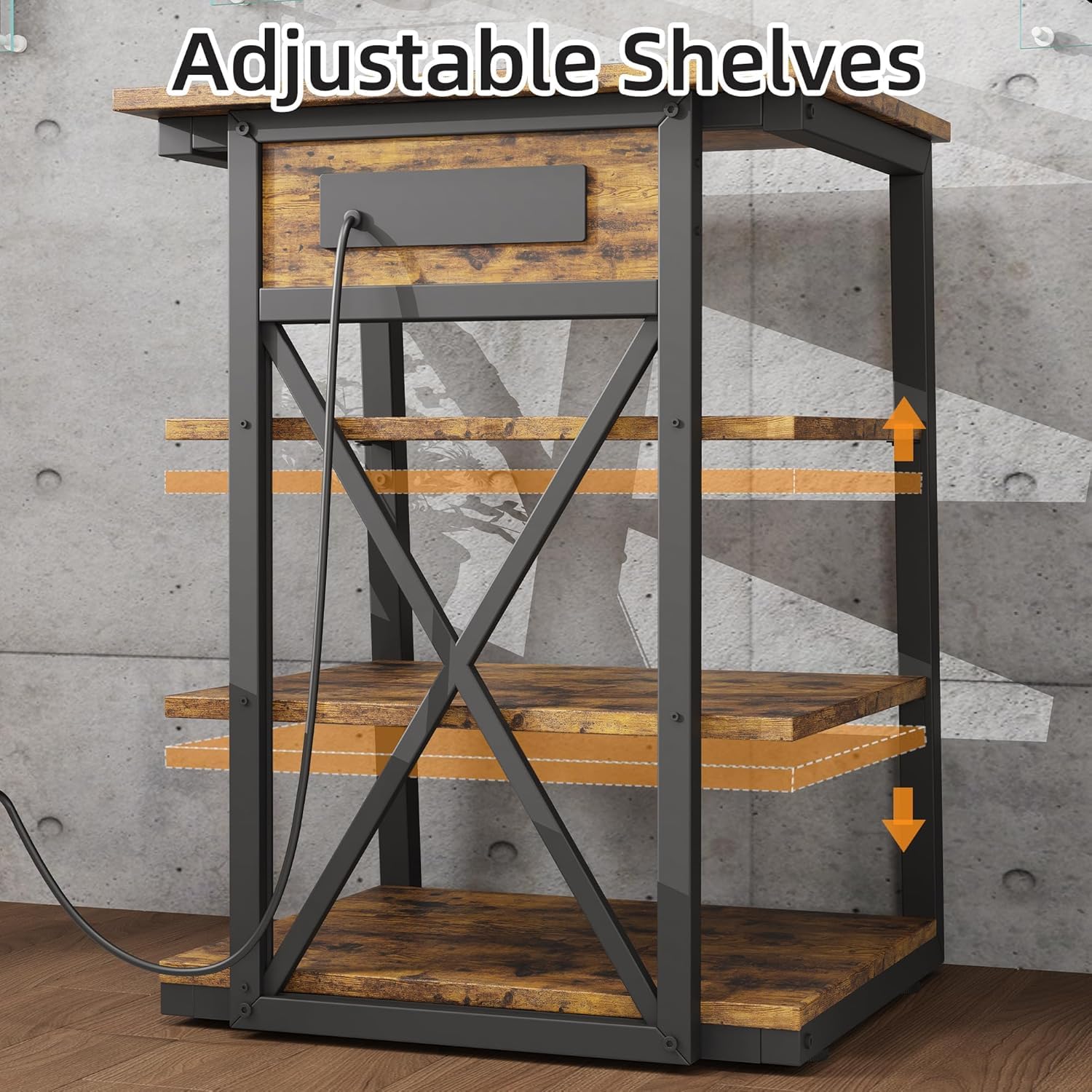 Supporto multimediale Garvee AV a 4 livelli con prese di corrente e USB, MDF e metallo, piedini regolabili, design vintage per soggiorno e ufficio, versatile, stabile, nero