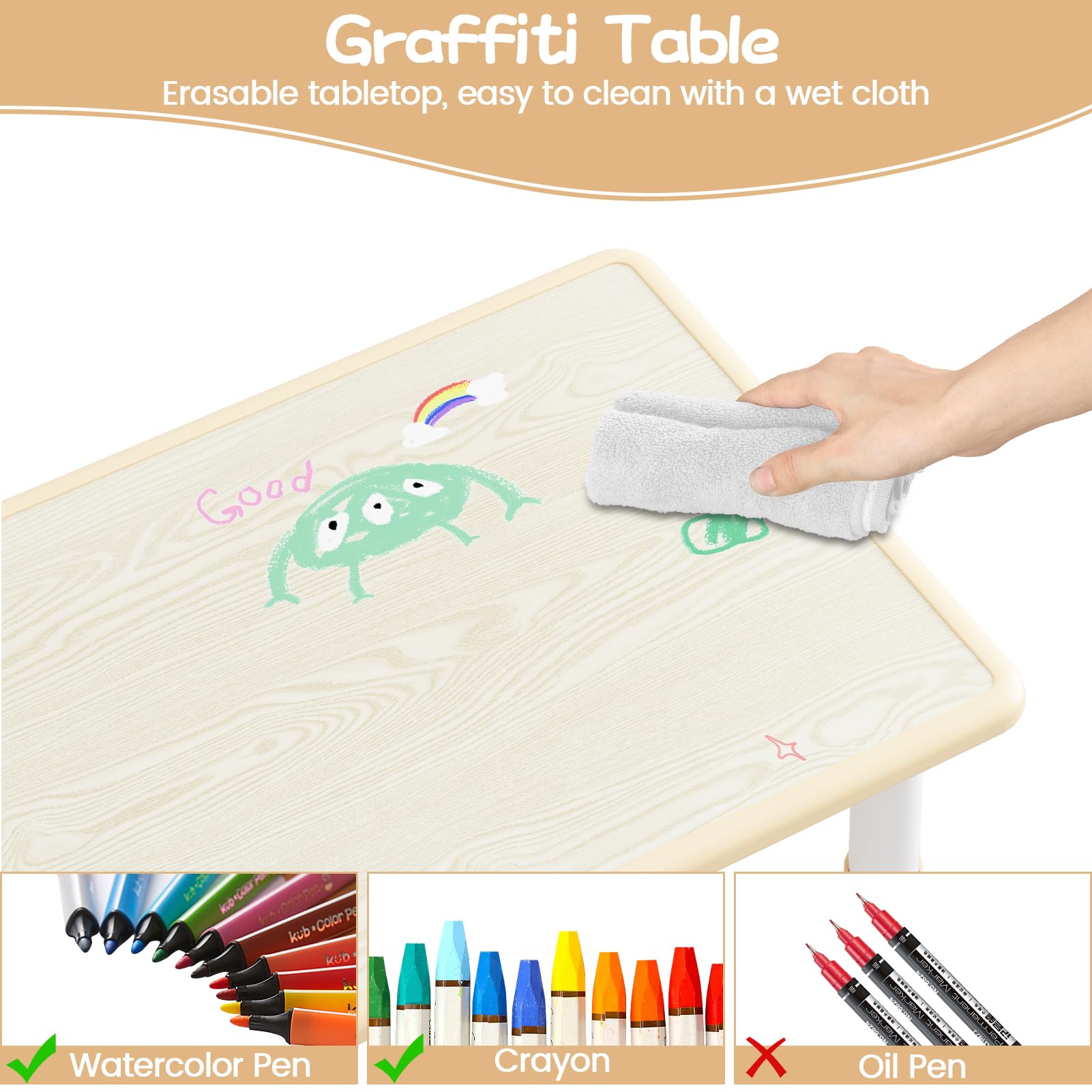 Garvee Tavolo Bambini con 4 Sedie Regolabile Altezza, Piano Scrivibile, Piedi Antiscivolo, Legno Rovere, Casa e Scuola, Multicolore