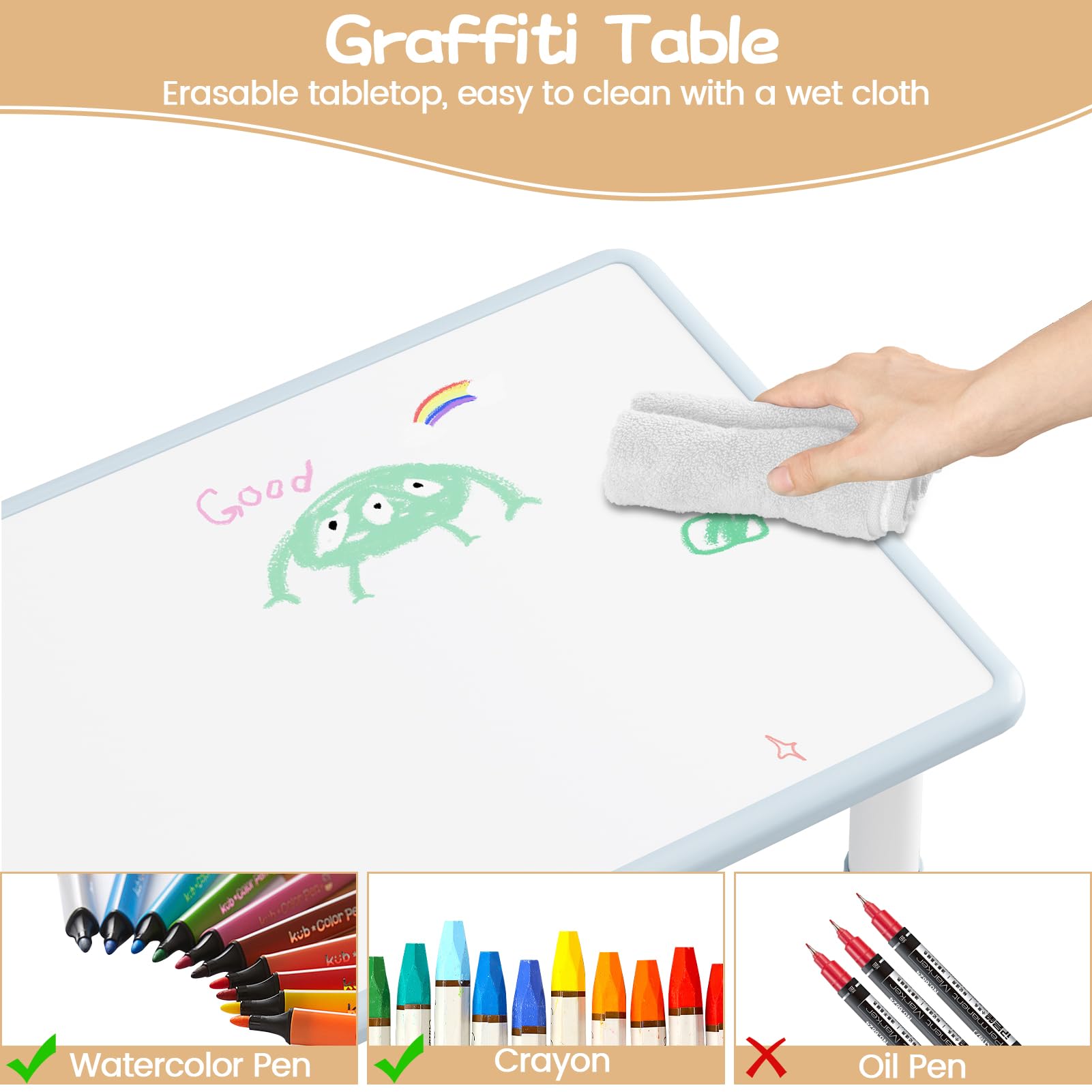 Garvee Set tavolo e 2 sedie per bambini, Graffiti, altezza regolabile, robusto, multifunzionale, per giocare e mangiare