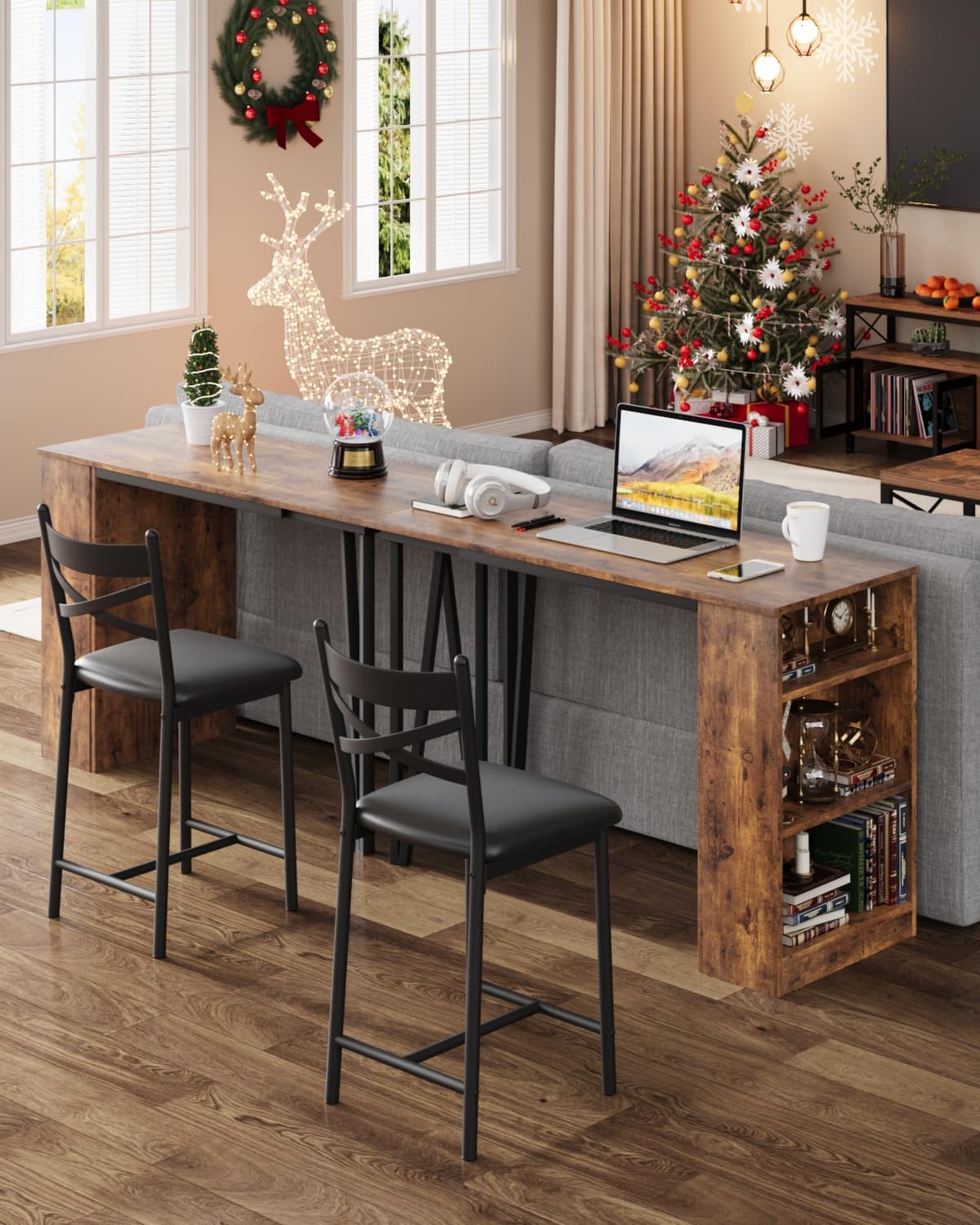 Set tavolo da bar Garvee da 3 pezzi con funzione pieghevole, spazio di archiviazione, acciaio e legno, cuscini ergonomici, marrone, per cucine piccole