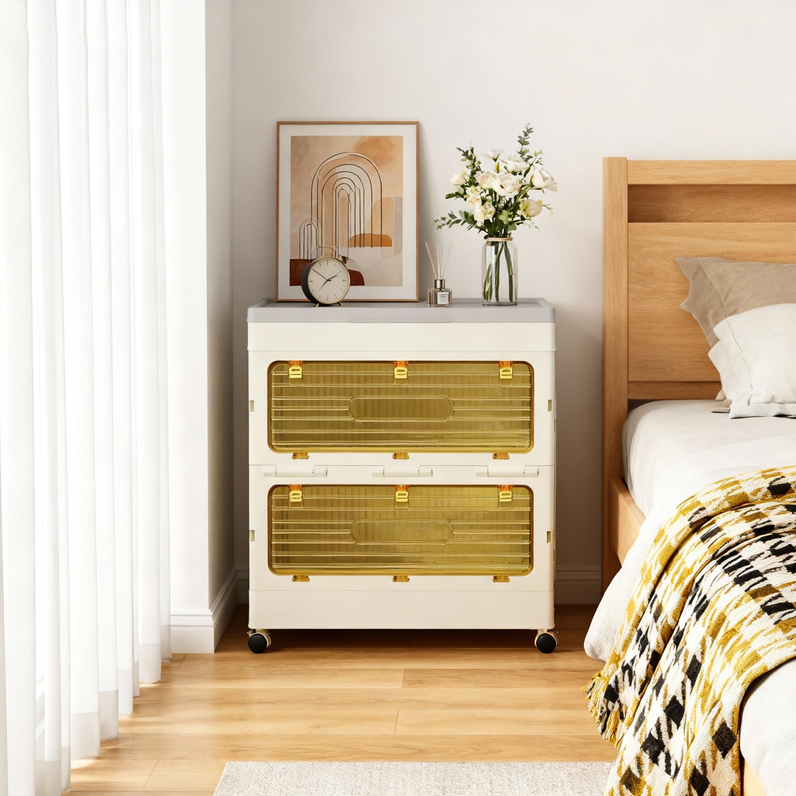 Contenitore pieghevole Garvee da 135 litri con coperchio e ruote per camera da letto e ufficio, robusto, impilabile, facile da spostare, grigio