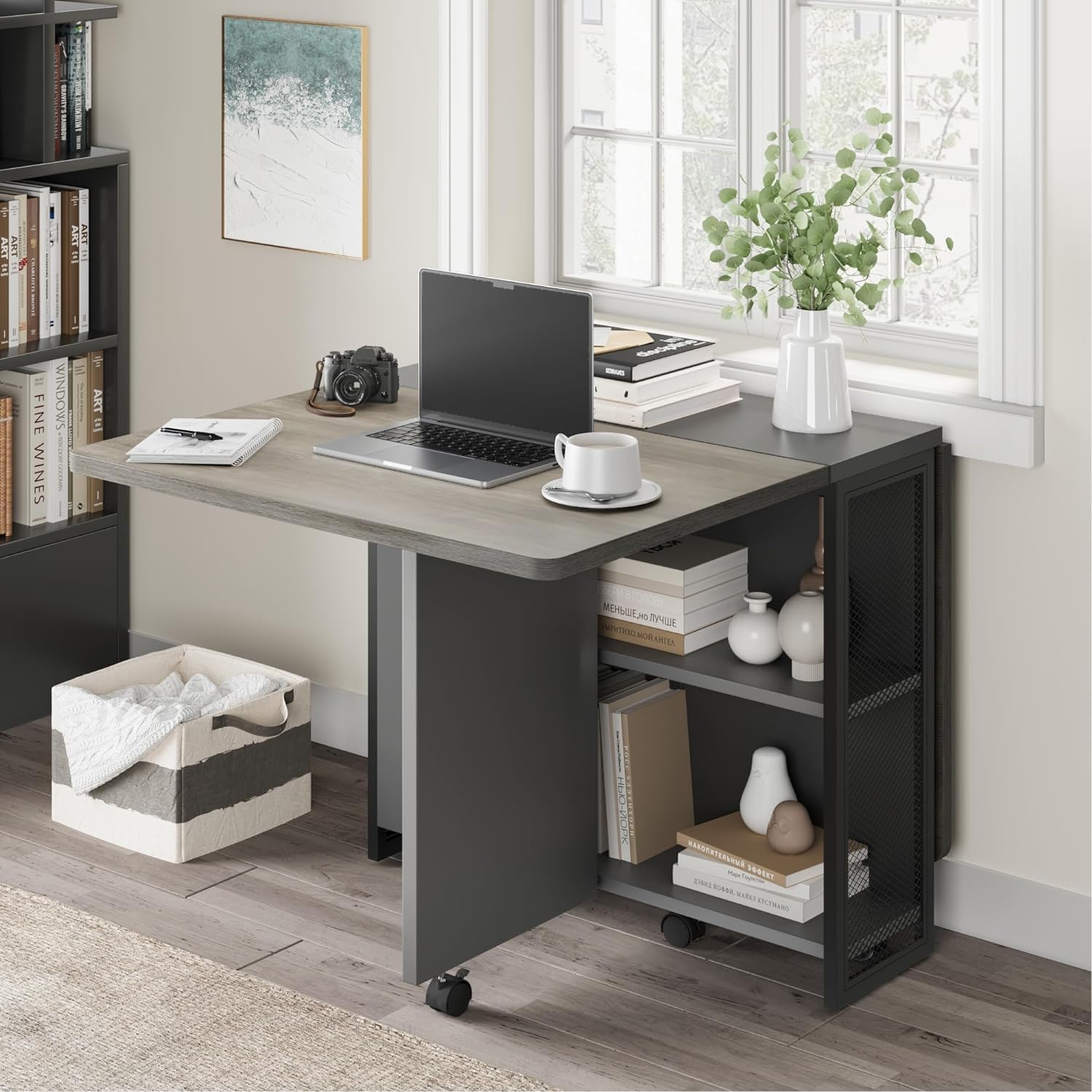 Tavolo da pranzo pieghevole Garvee Carlo Grey con 6 ruote e ripiano a 2 livelli per piccoli spazi 50,1"P x 31,4"L x 29,5"A
