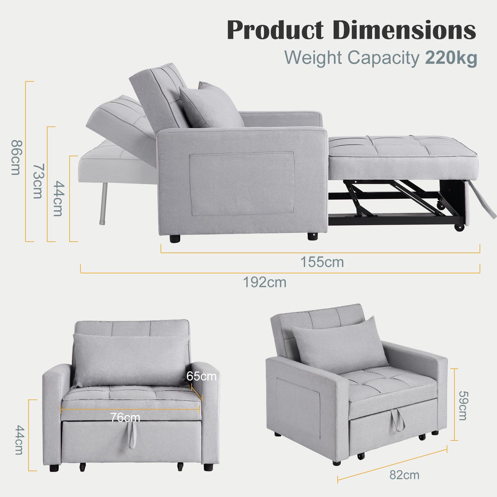 Divano letto/poltrona letto 3 in 1 Garvee con funzione letto, tessuto di lino, salvaspazio, 192 x 96 x 59 cm, grigio