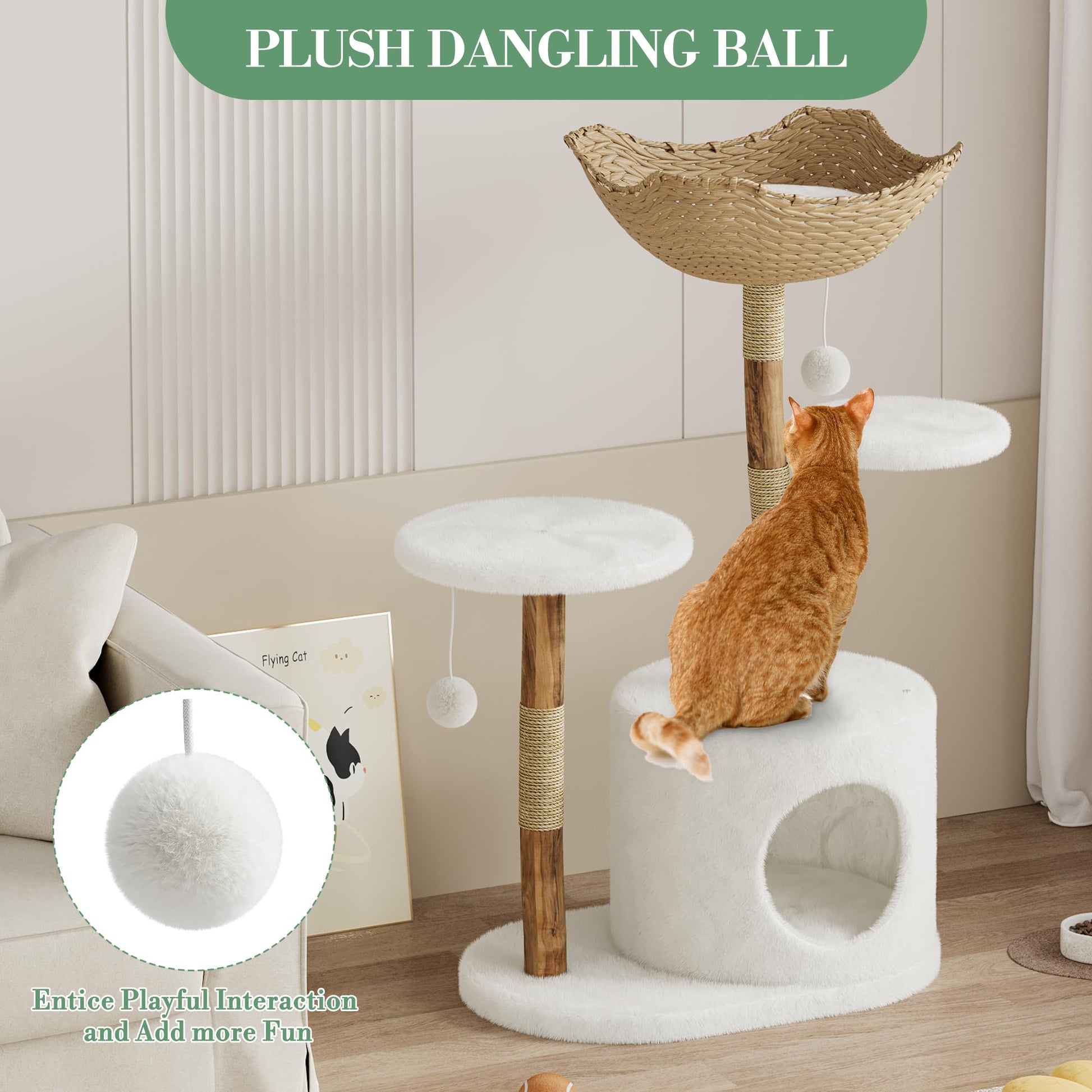 Tiragraffi in legno naturale Garvee da 43'' con cesto in rattan per soggiorno, stabile per gatti di grandi dimensioni, design moderno, morbido peluche