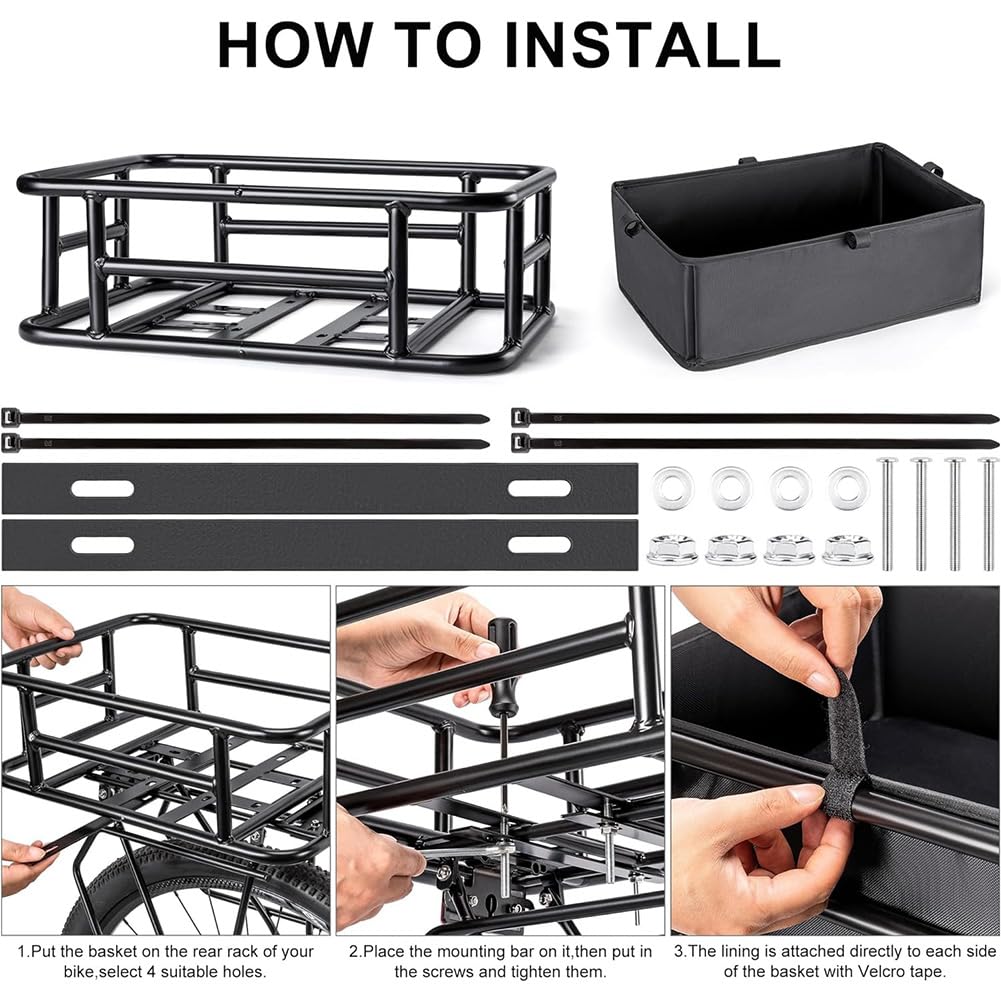 Cestino posteriore per bicicletta Garvee, grande, robusto cestino in metallo con fodera e rete per pendolari e shopping, nero, alta capacità