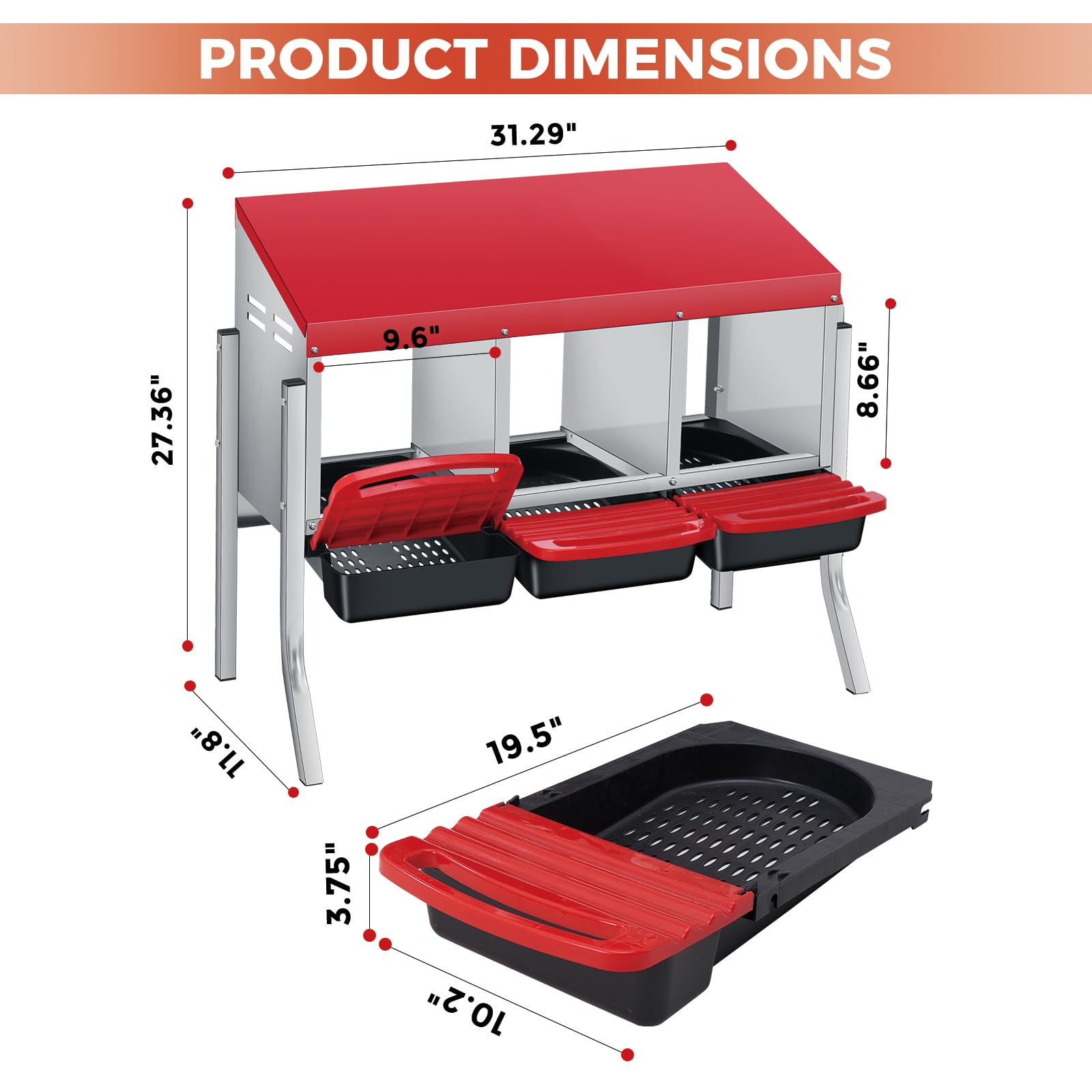 Nido per polli Garvee a 3 fori, vassoio rimovibile in metallo resistente per cortile e fattoria, antiruggine