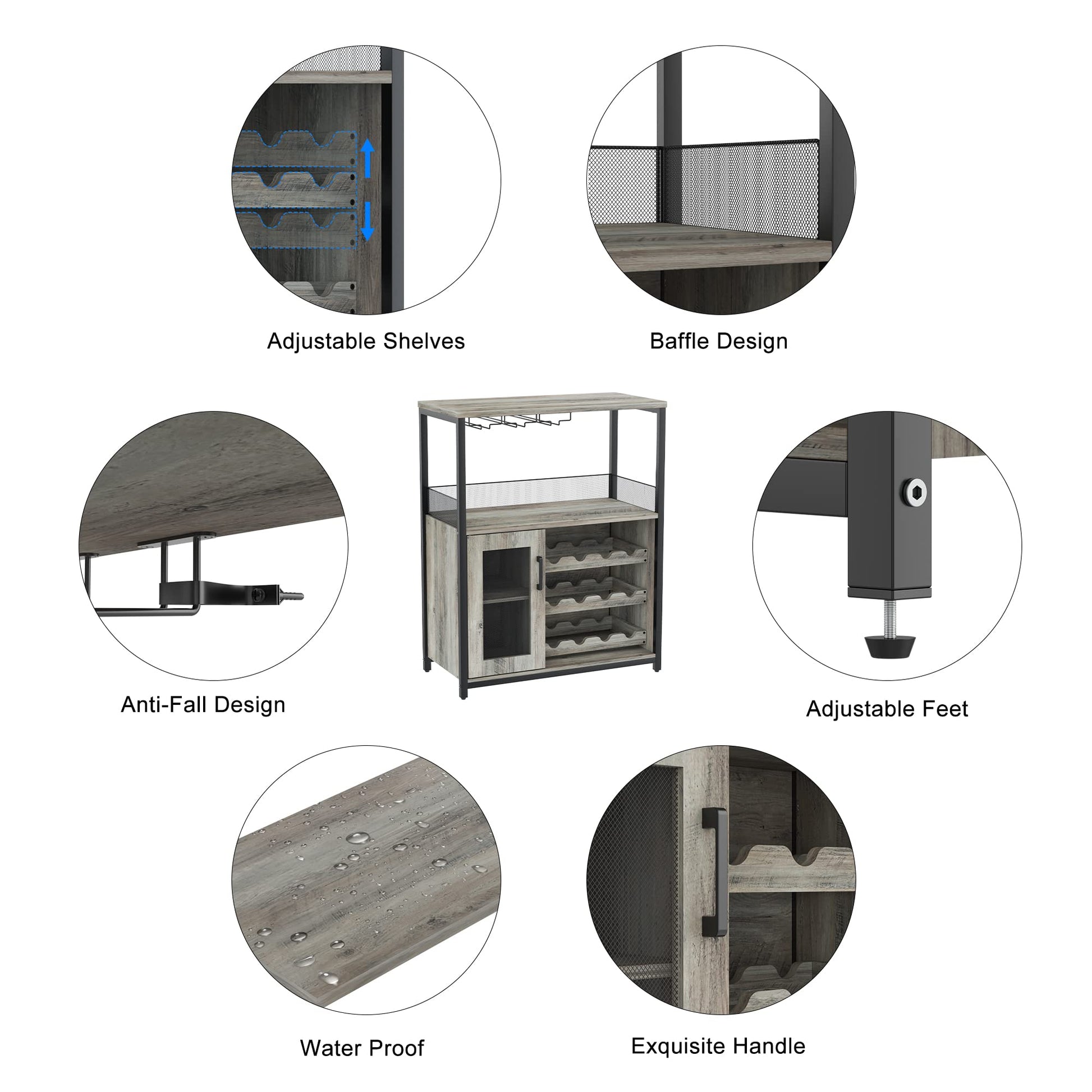 Mobile bar per vino Garvee a 3 ripiani con portabottiglie rimovibile, portabicchieri, ventilato per cucina e bar, 27,2"L x 13,8"P x 36,2"A, grigio