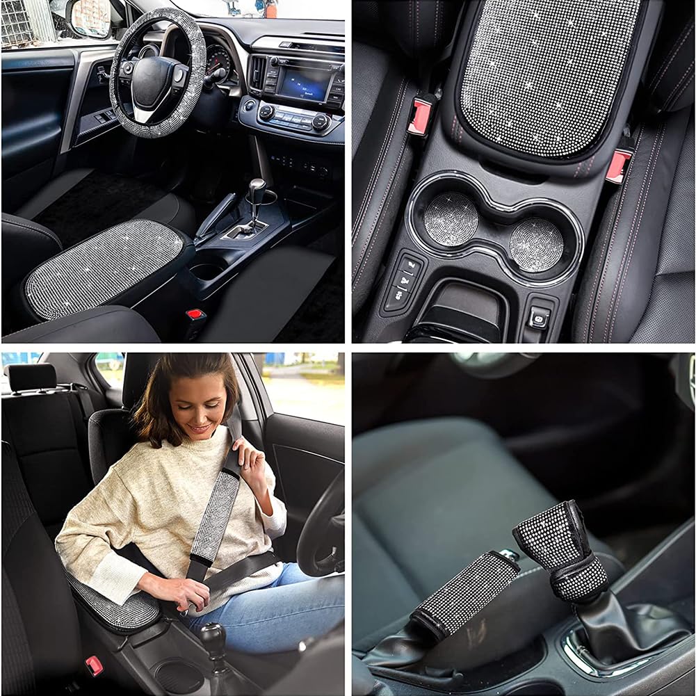 Garvee - Set di 15 coprisedili auto scintillanti per donna, coprivolante in cristallo, materiale in velluto, traspirante, interni auto universali