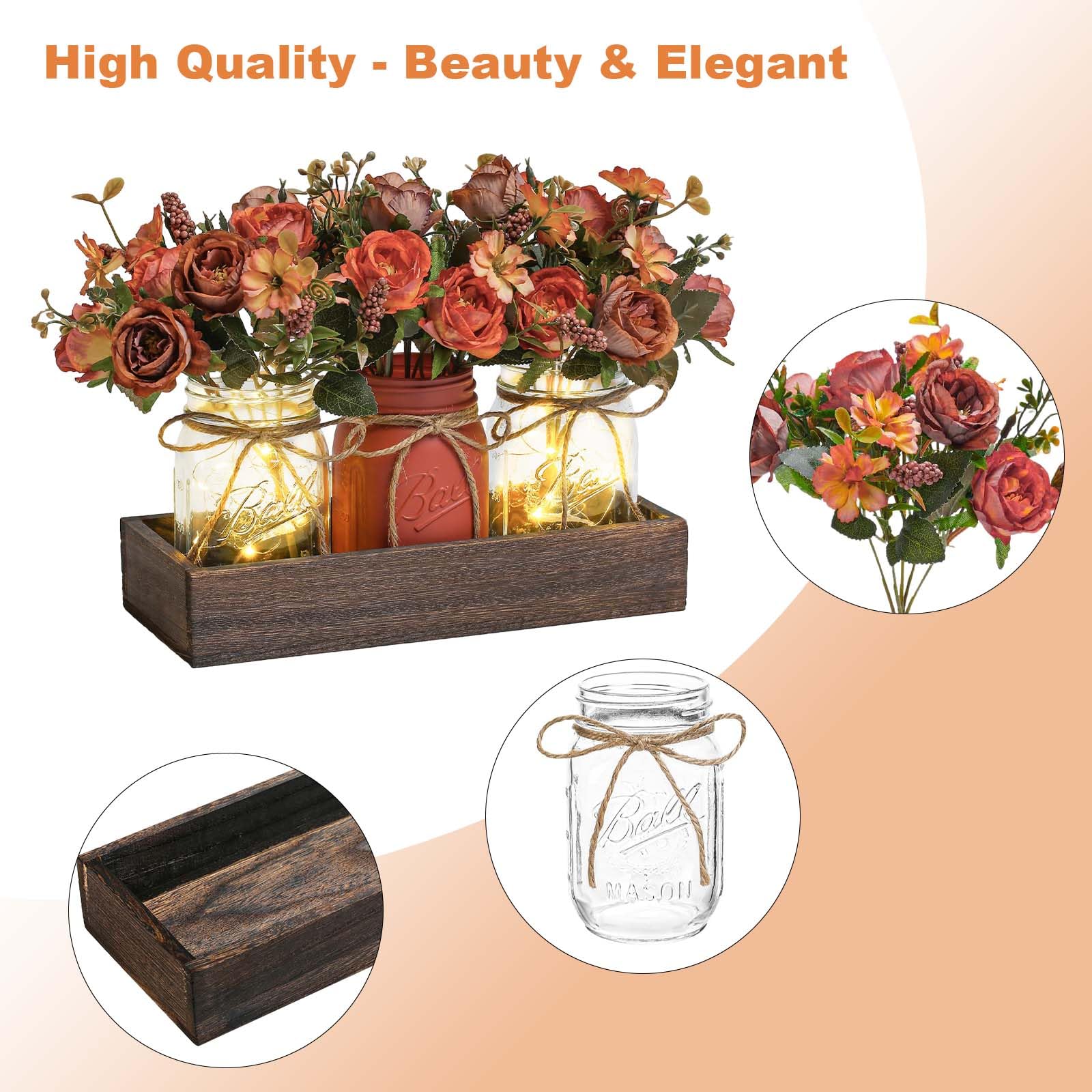 Set di 3 barattoli di vetro Garvee con fiori artificiali blu, vassoio rustico in legno, luci con timer per cucina e soggiorno, 34,3x10,9x10,9 cm, blu