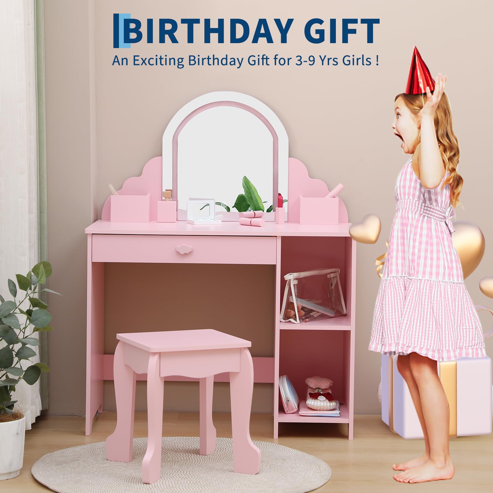 Tavolo da toeletta per bambini Garvee con luce LED e sgabello, regolabile, MDF, spazio di archiviazione, rosa, per bambine dai 3 ai 9 anni, sala giochi e camera da letto